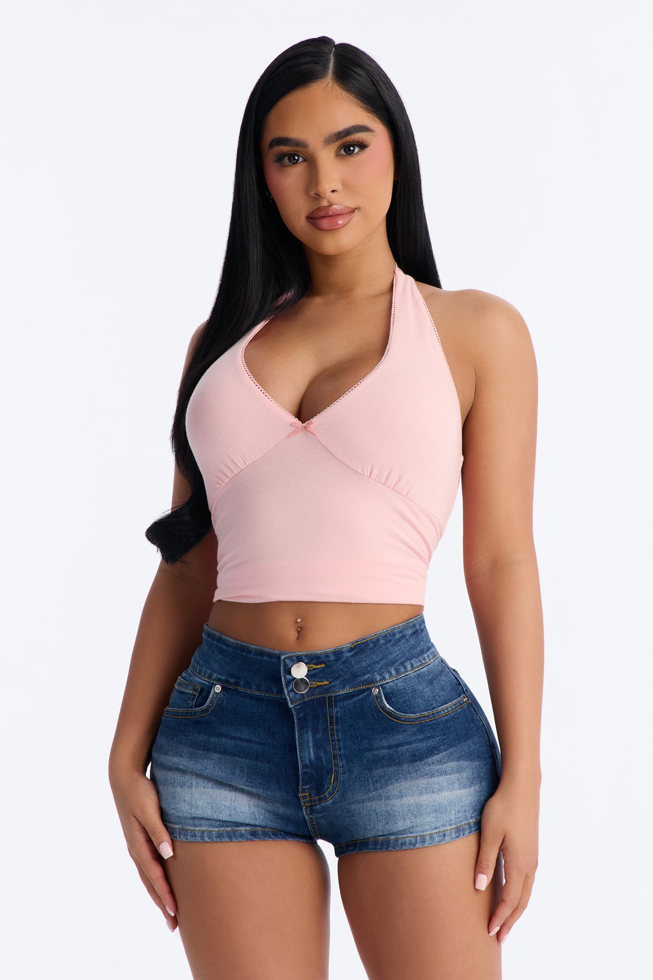 Gigi Double Lined V Neck Halter Top - Pink