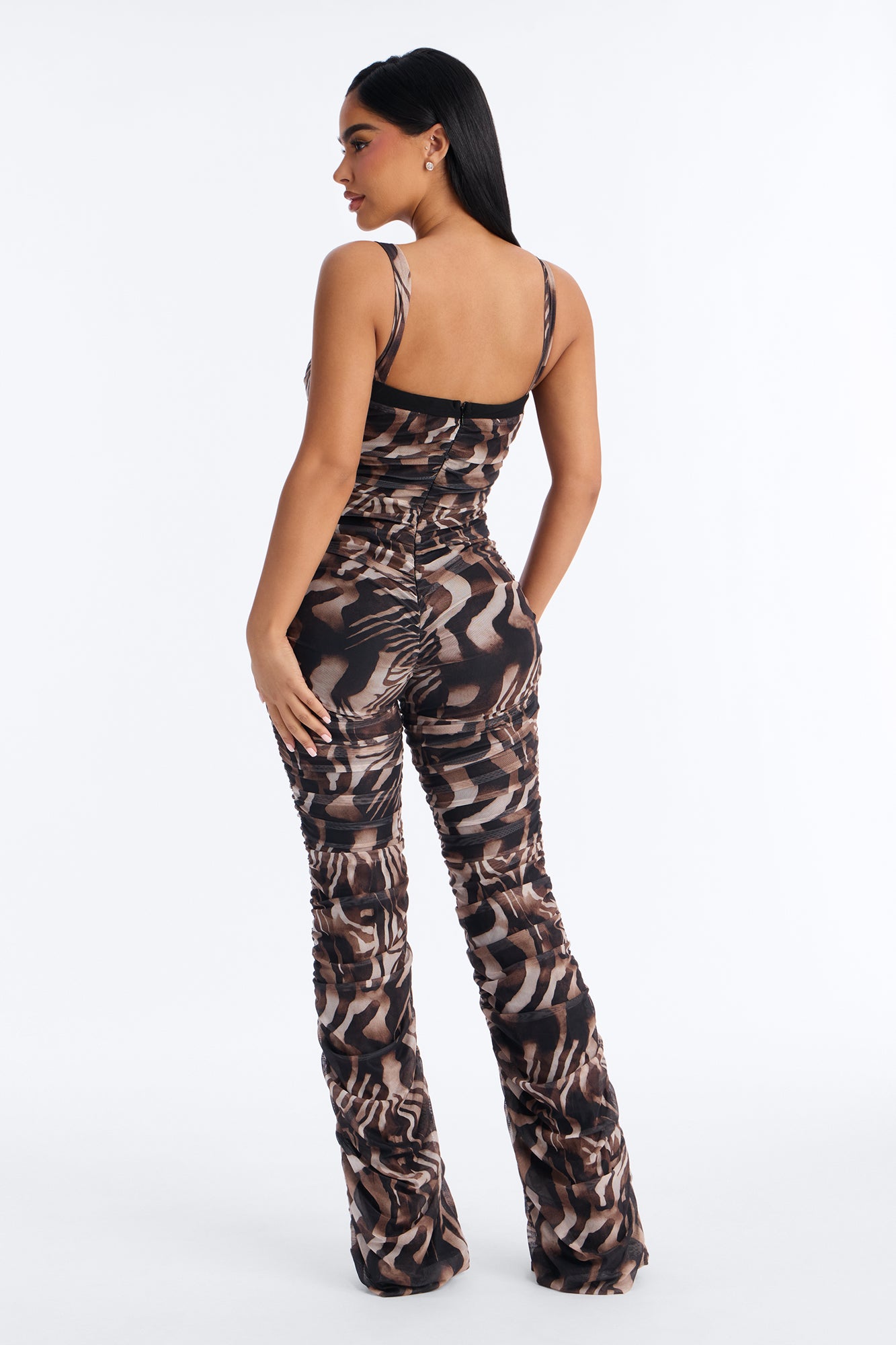Tempted Tonight Abstract Mesh Jumpsuit - Brown