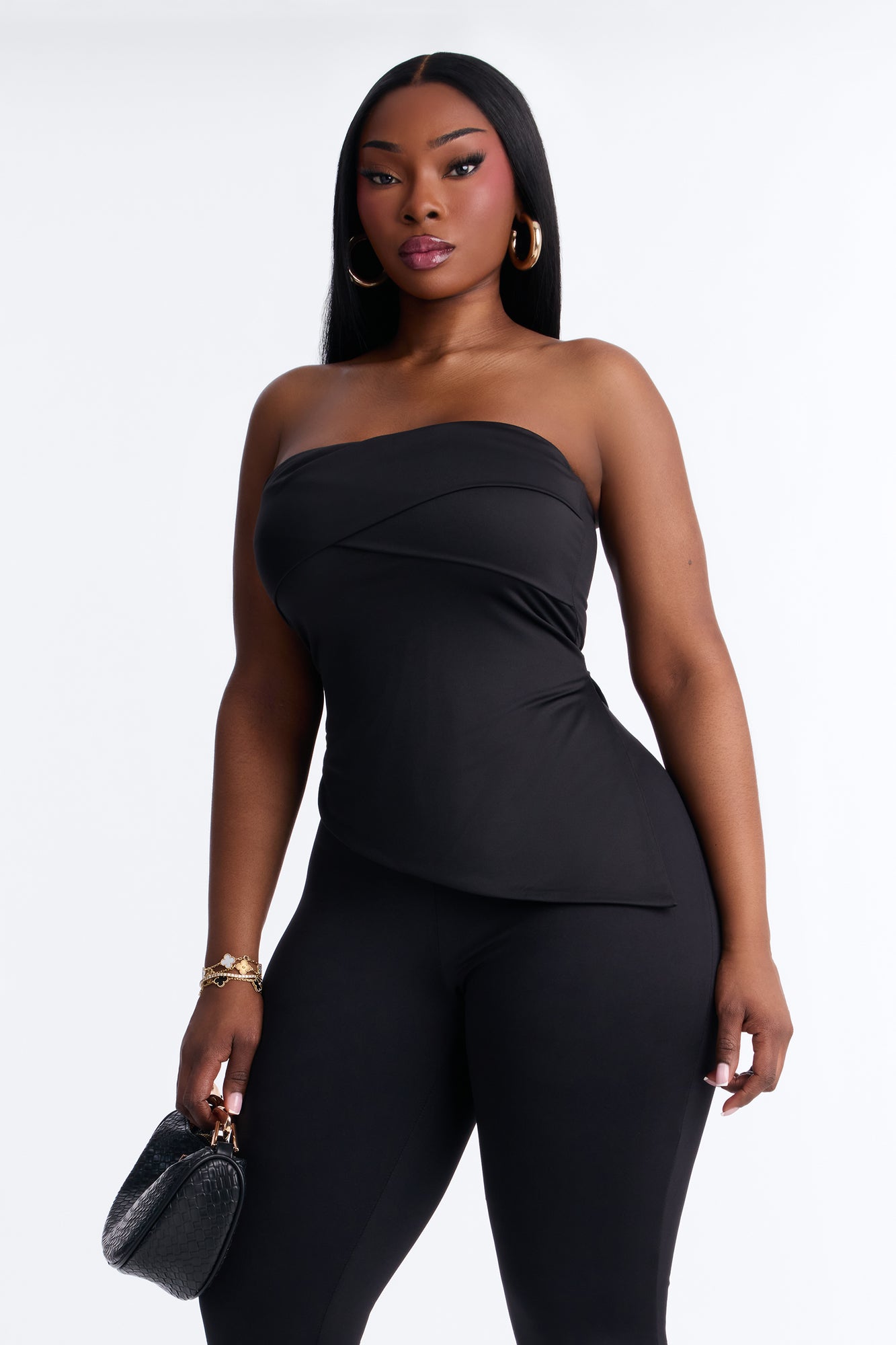 Contour Double Lined Asymmetrical Split Tube Top - Black