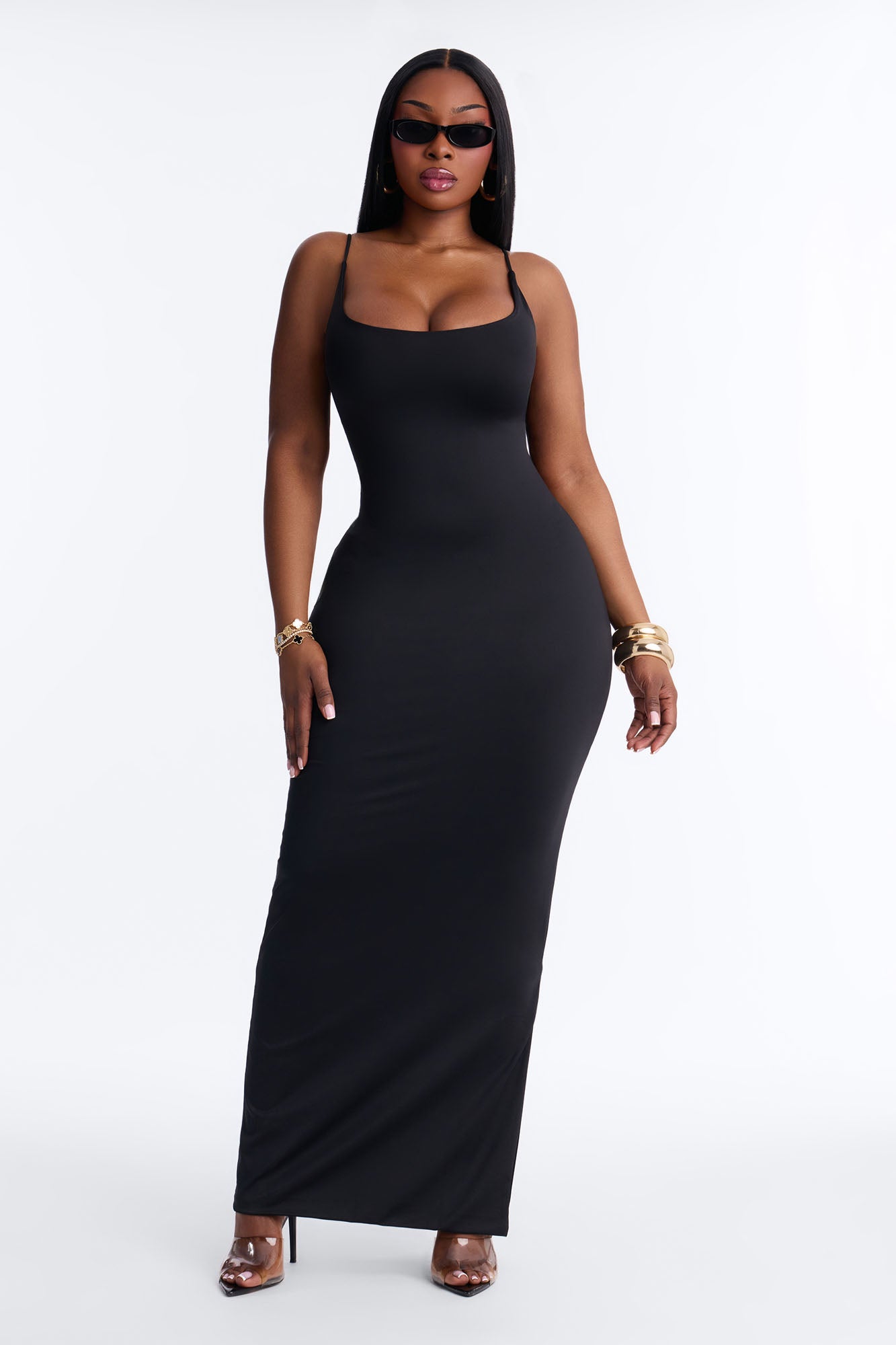 Contour Double Lined Scoop Neck Spaghetti Strap Maxi Dress - Black