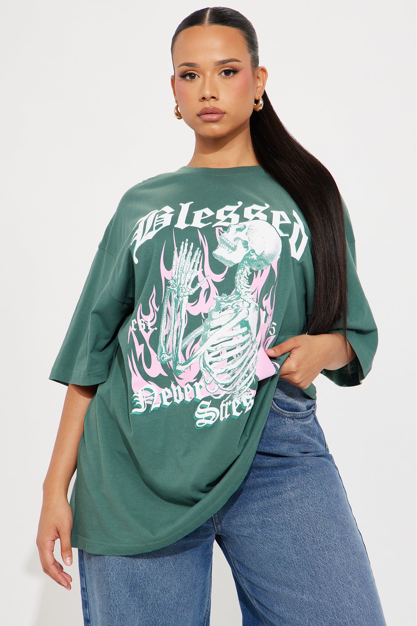 Blessed Never Stressed Skull Tee - Hunter