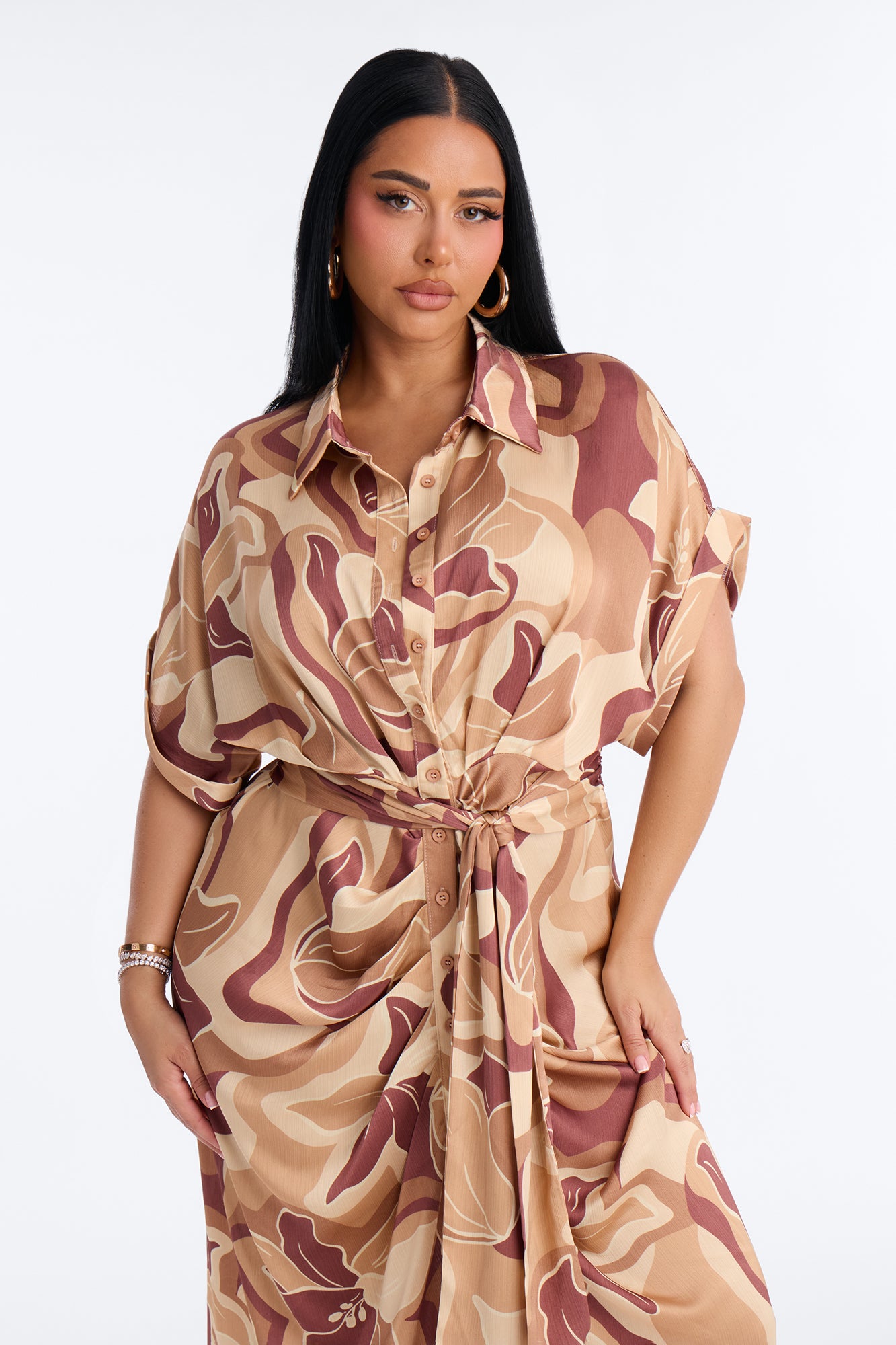 Melina Satin Shirt Midi Dress - Brown