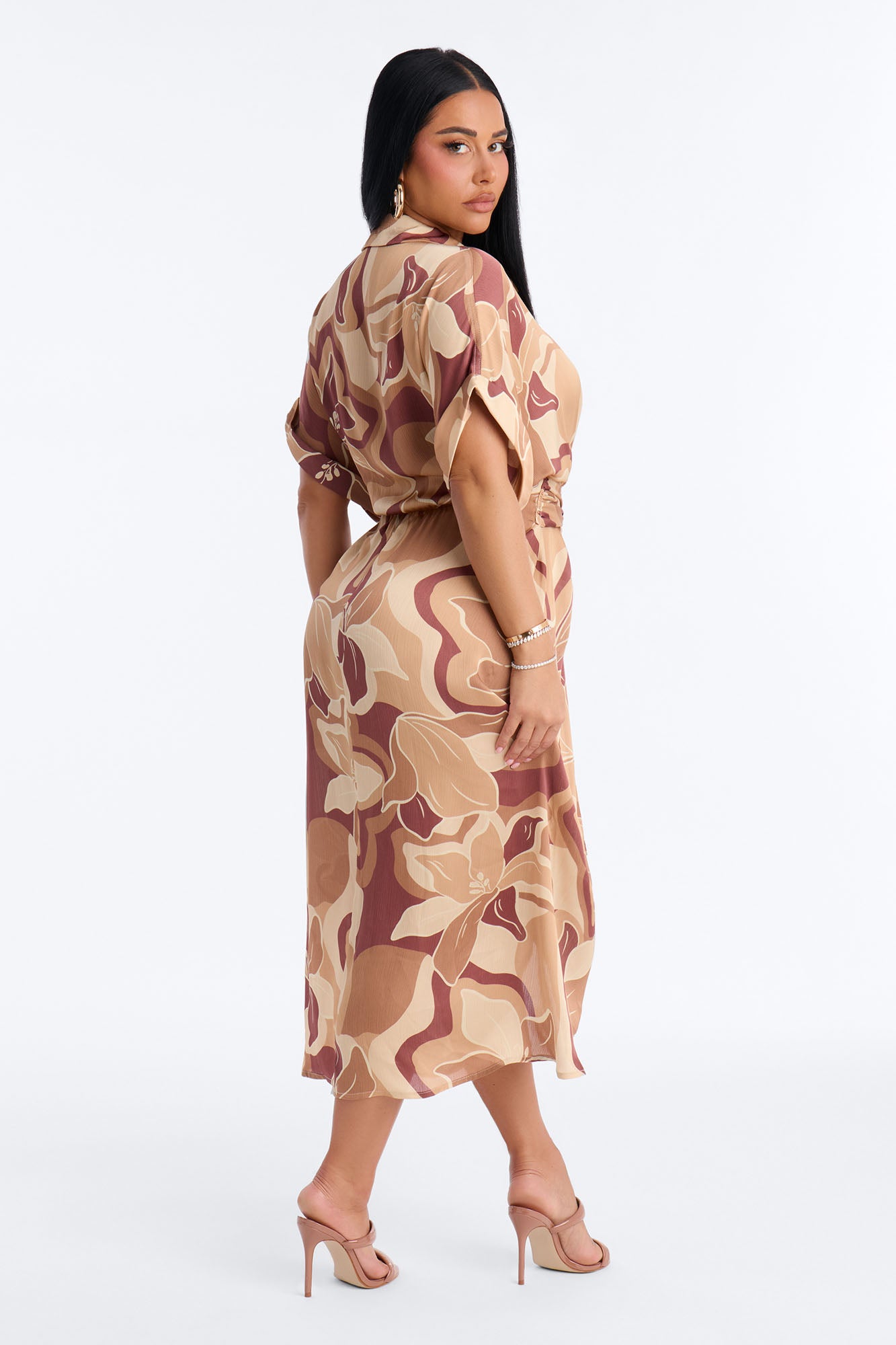 Melina Satin Shirt Midi Dress - Brown