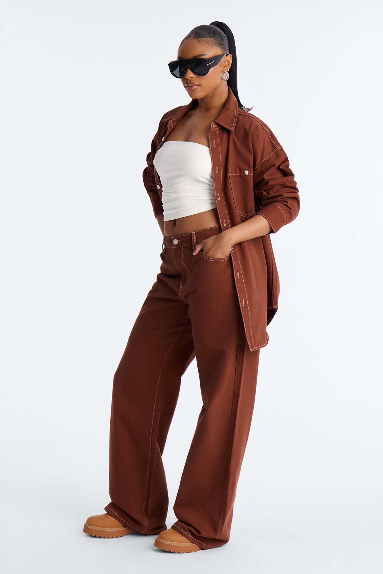 Del Rey Denim Pant Set - Brown