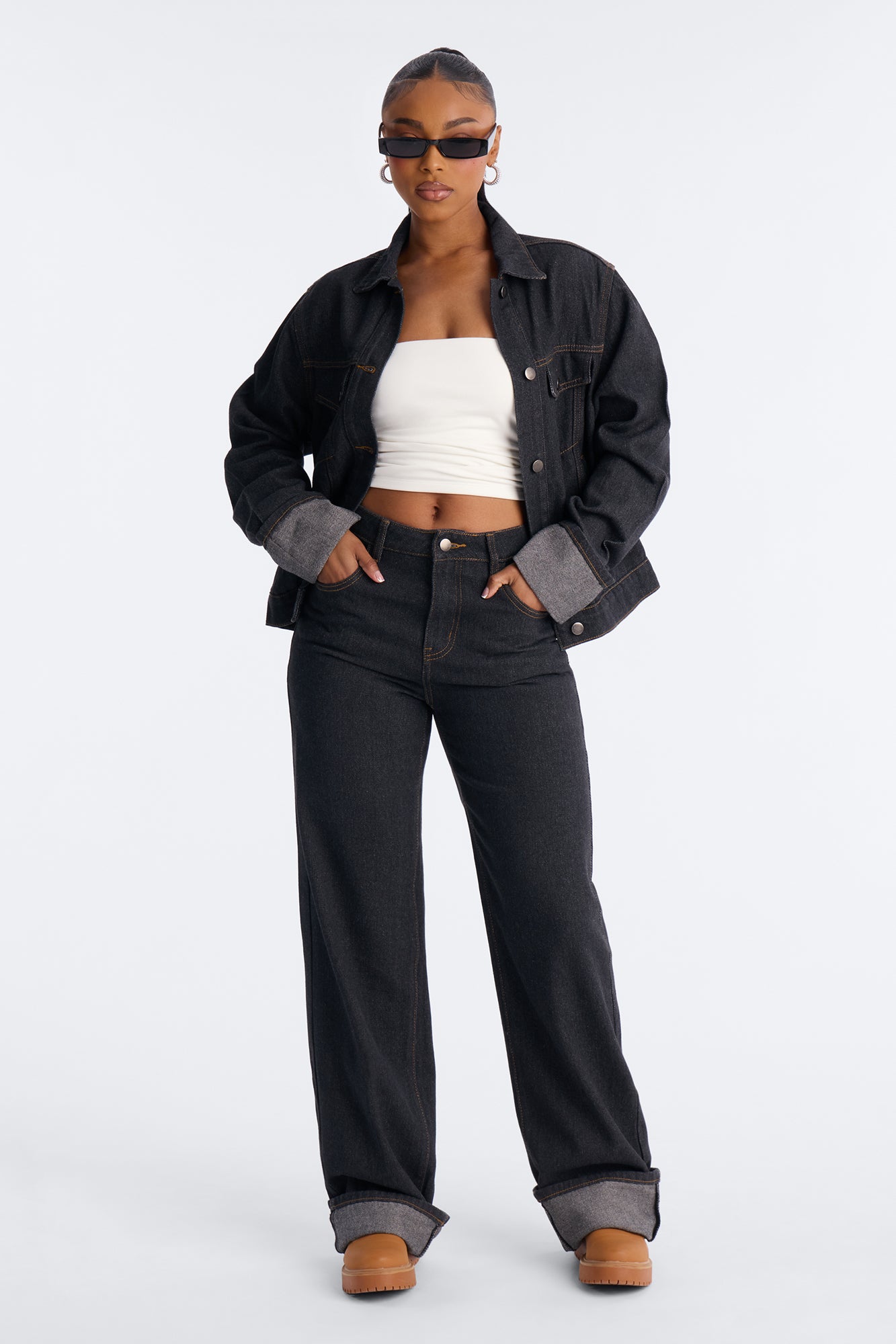 Jet Set Cuffed Wide Leg Jeans - Dark Denim