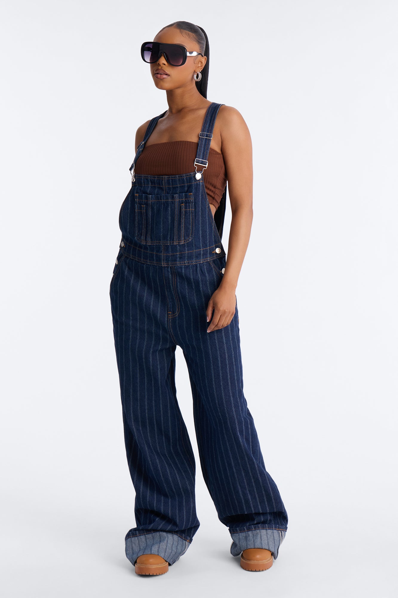 Carnaby Street Cuffed Baggy Denim Overalls - Dark Wash