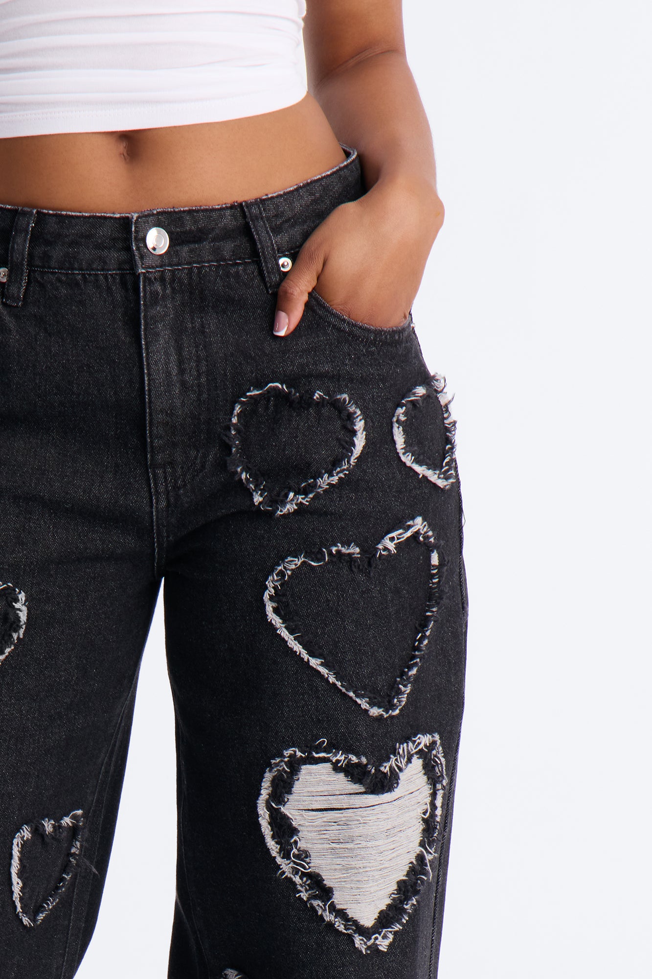 Hearted You Patchwork Wide Leg Jeans - Black Wash