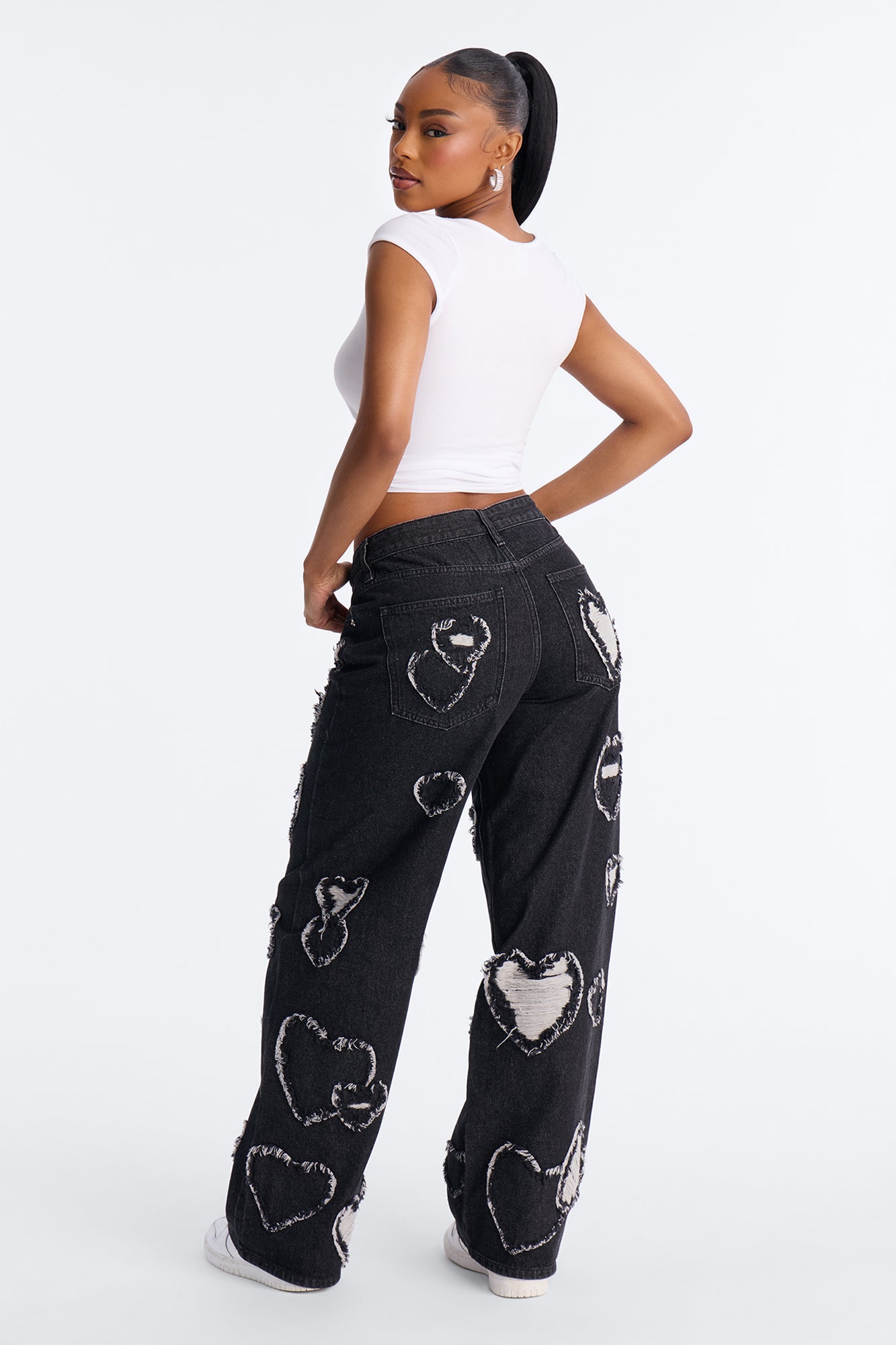 Hearted You Patchwork Wide Leg Jeans - Black Wash