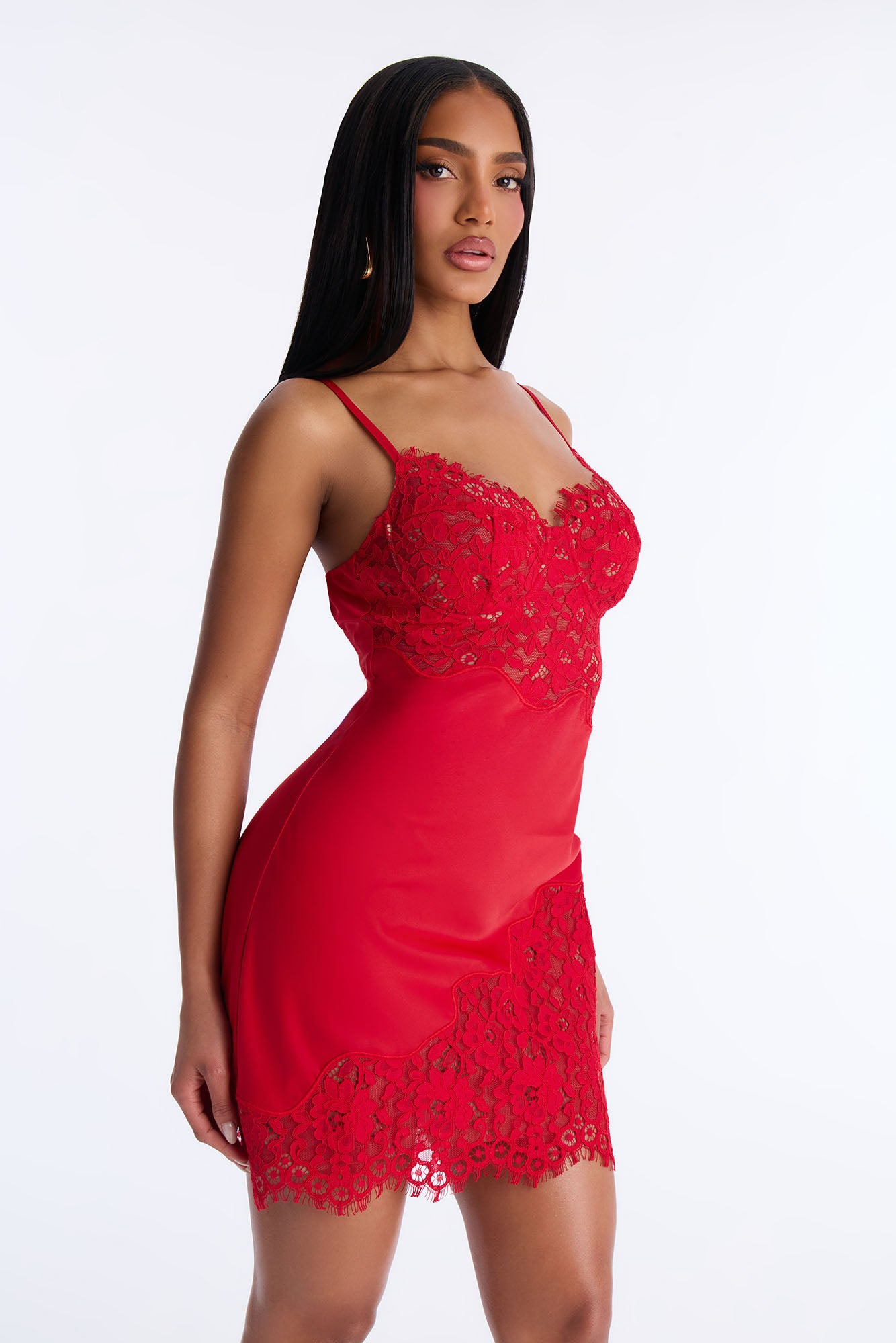 Lovely Lace Satin Mini Dress - Red