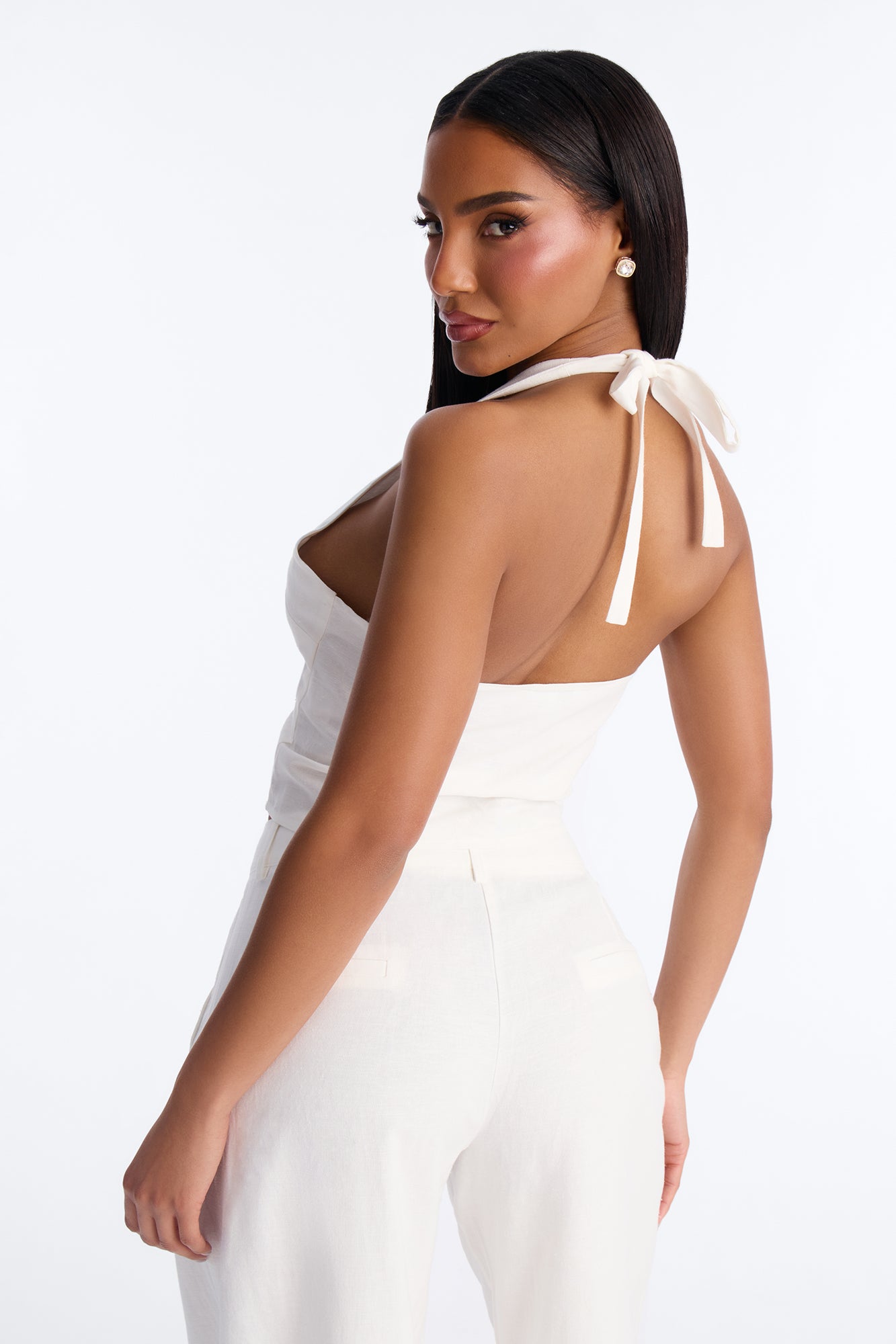 Ocean Breeze Linen Backless Halter Top - White