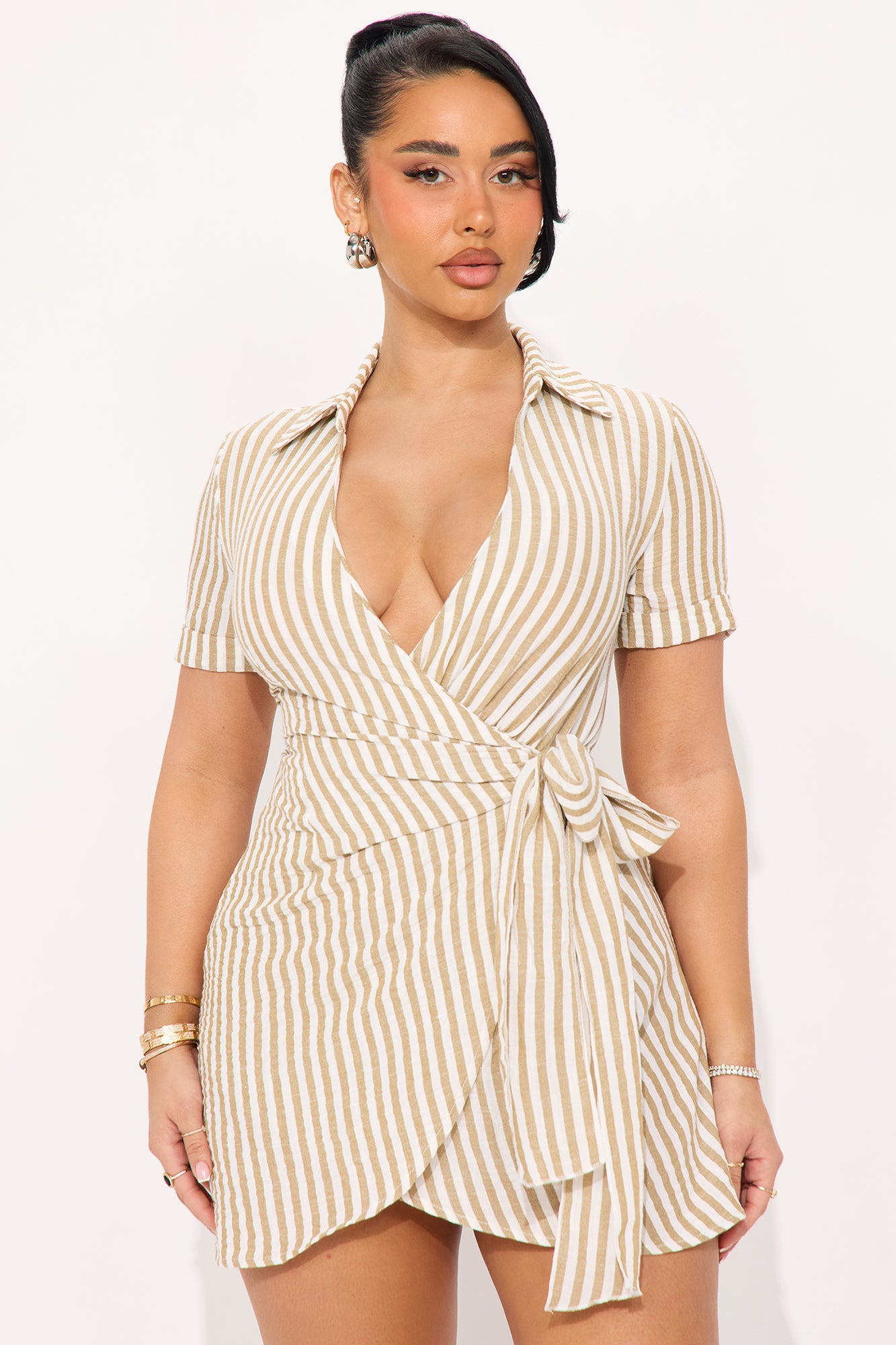 Cynthia Striped Wrap Mini Dress - Taupe