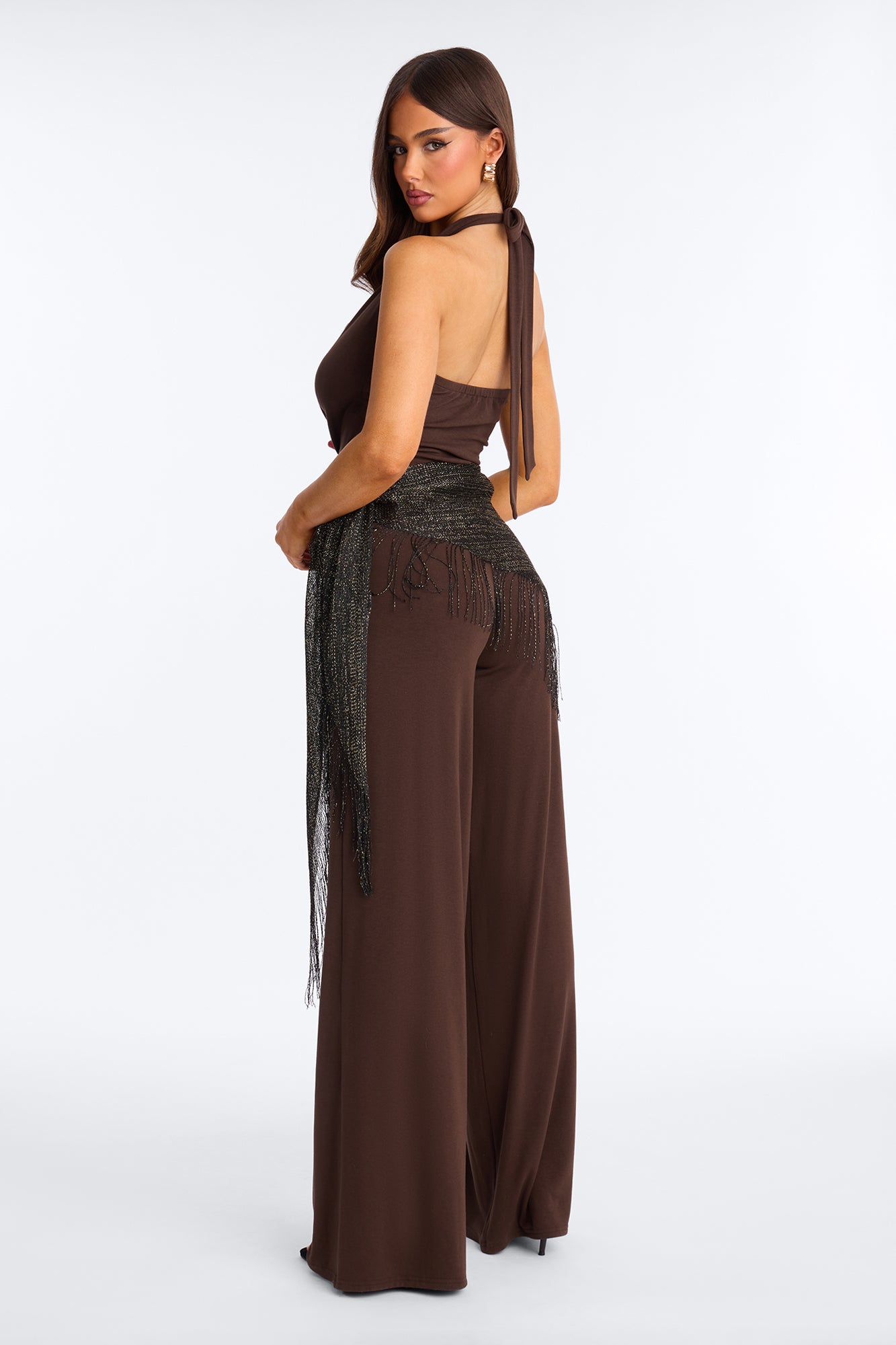Farra Waist Scarf Wide Leg Jumpsuit - Chocolate