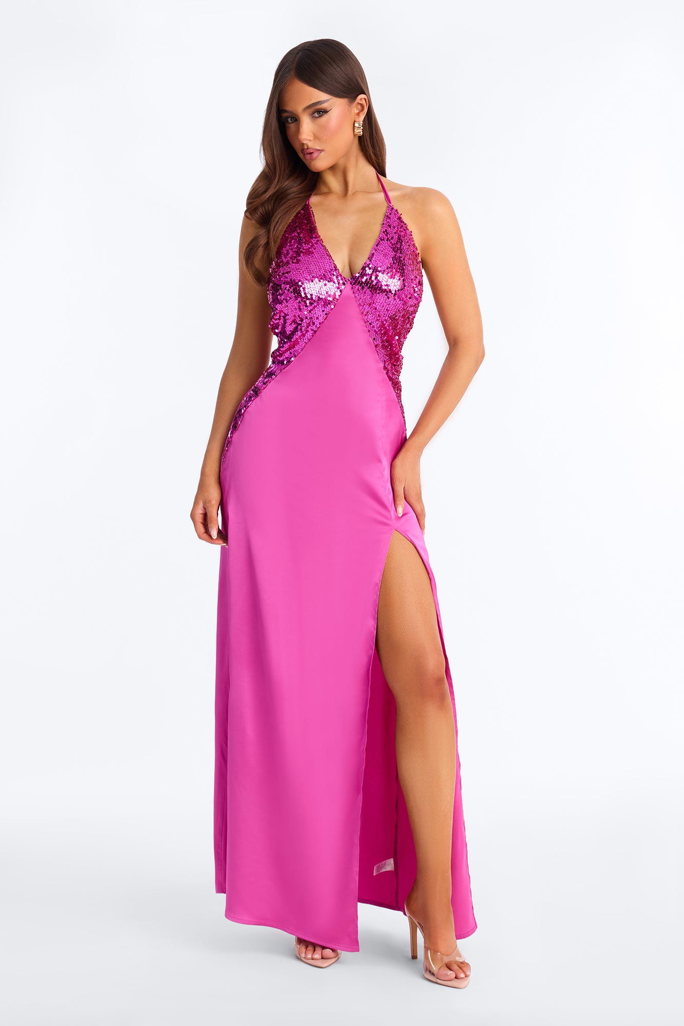 Camera Ready Sequin Satin Maxi Dress - Magenta
