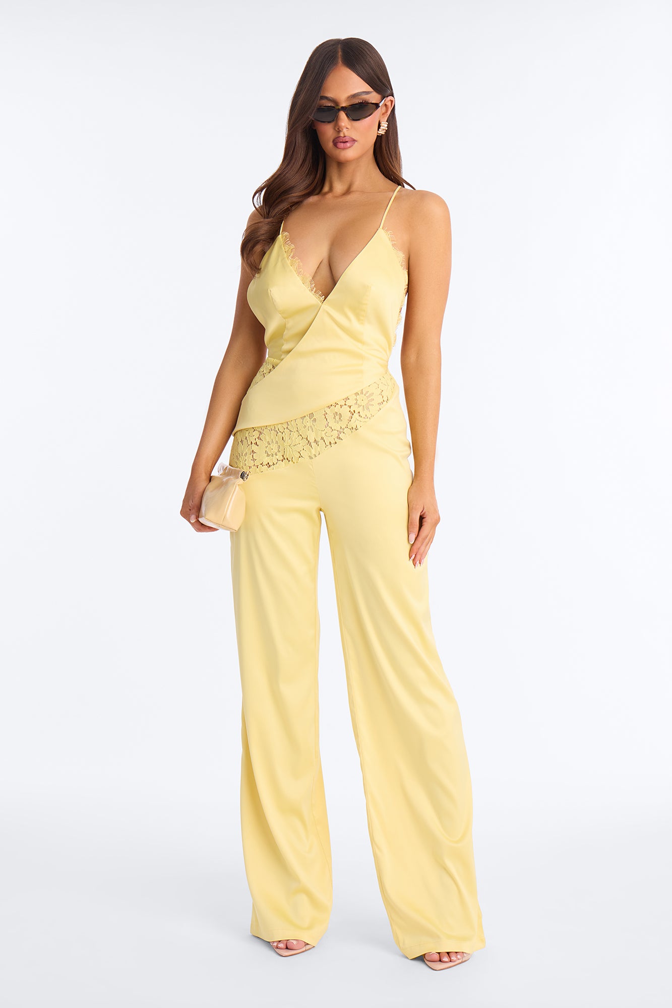 Lace Charm Backless Satin Jumpsuit - Butter Yellow