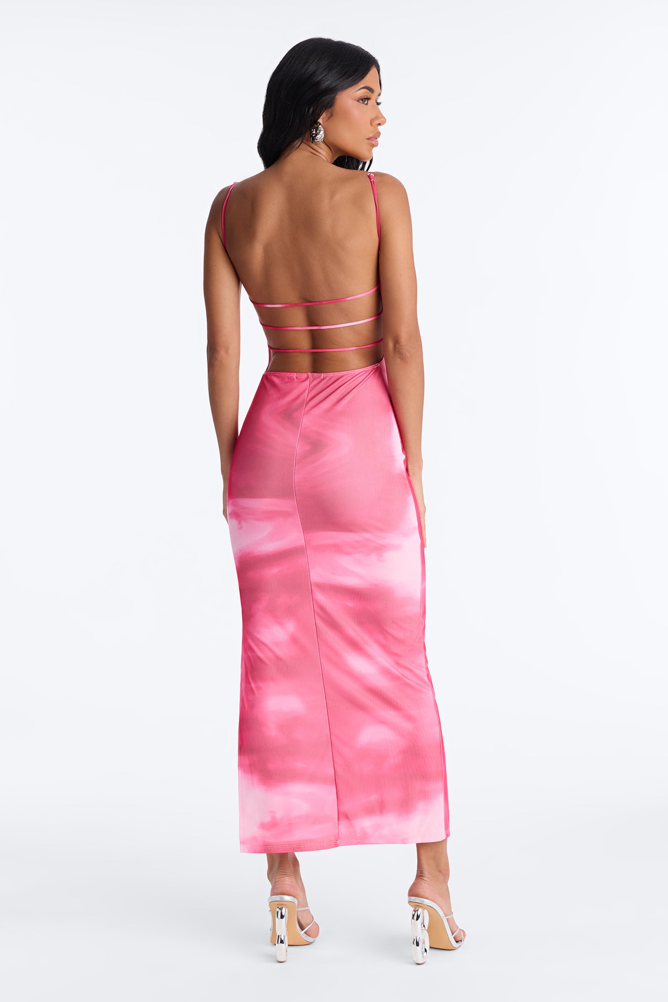 Leanna Mesh Backless Maxi Dresses - Pink/combo
