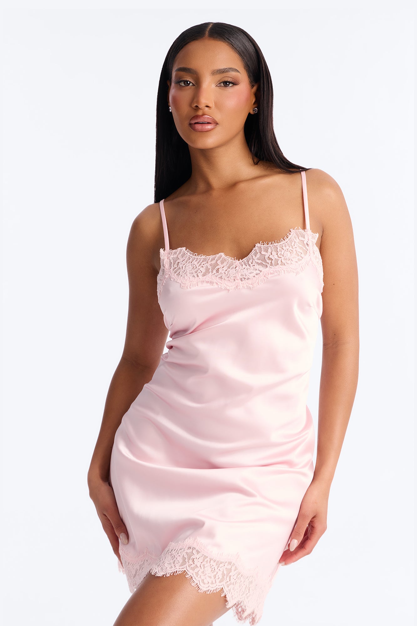 Anastasia Lace Trim Stretch Satin Mini Dress - Light Pink