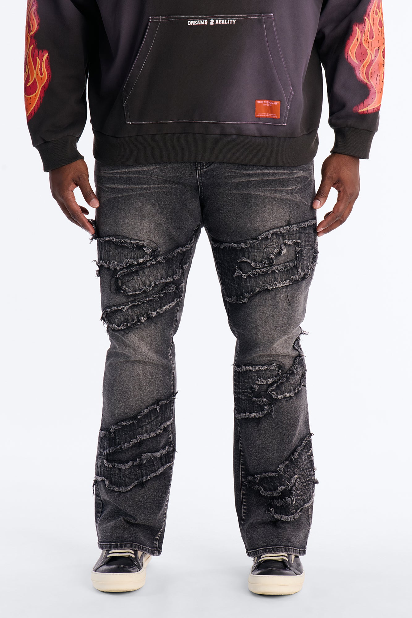 Stacked Slim Flare Fray Waves Jeans - Black Wash