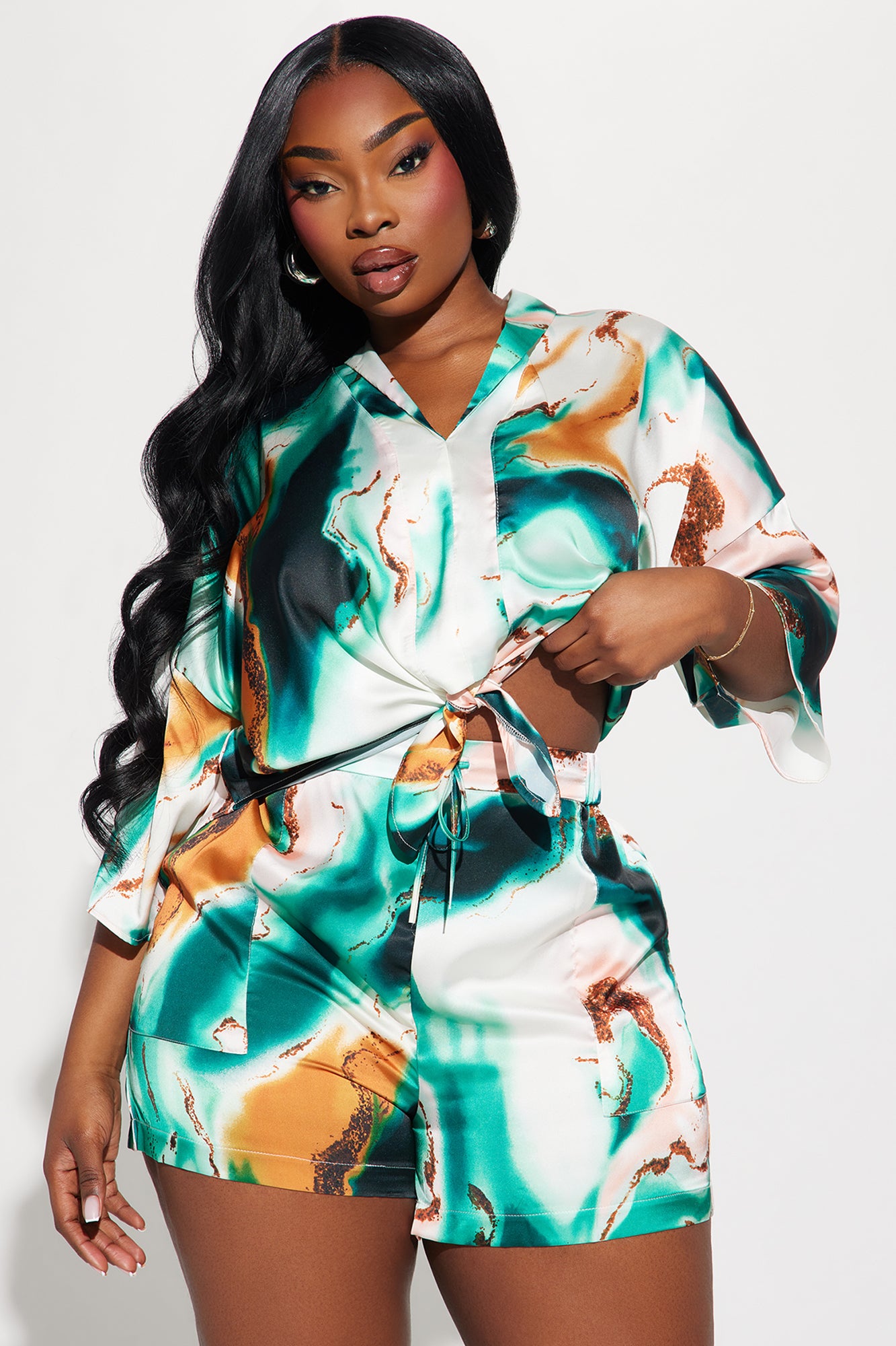 Janice Satin Short Set - Green/combo