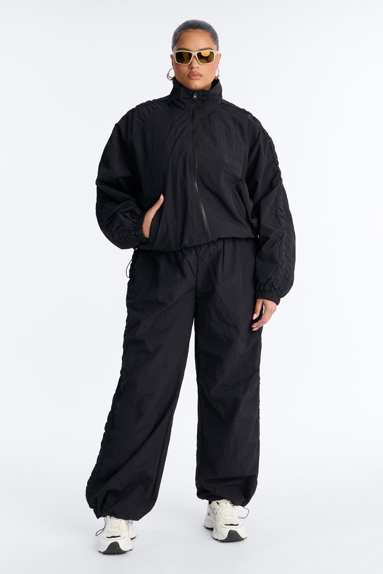 Off Duty Days Ruched Windbreaker Funnel Neck Jacket - Black