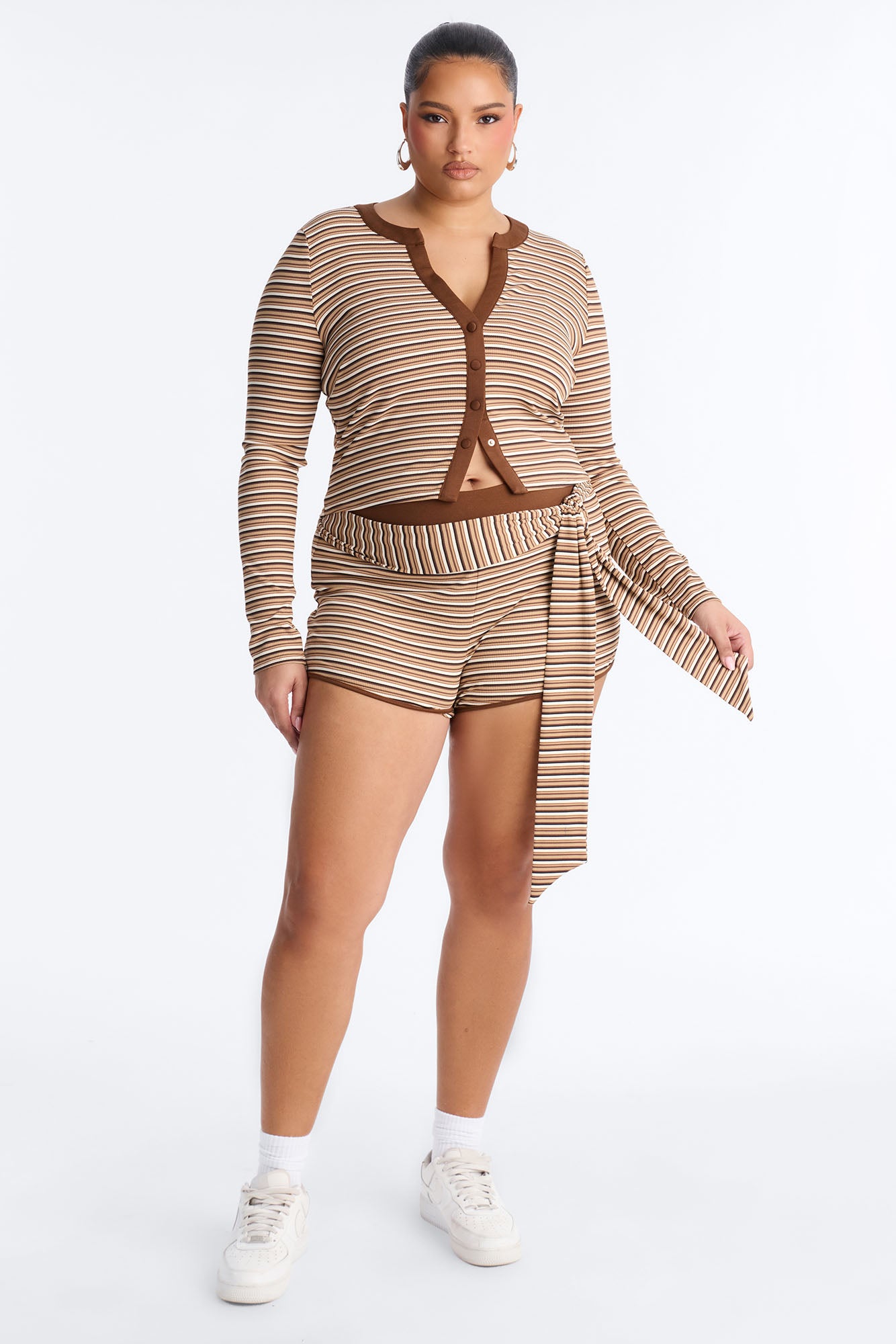 Mallie Striped 3 Piece Short Set - Brown/combo