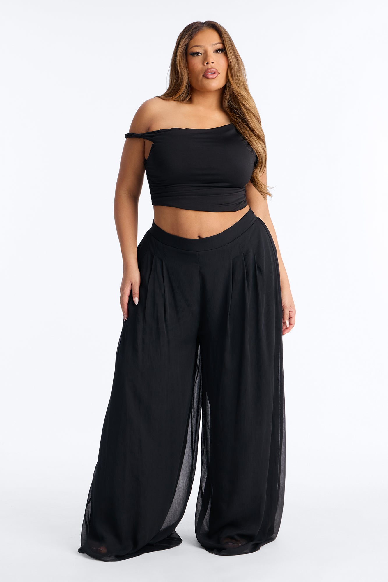 Flowy Layered Chiffon Wide Leg Pant 33″ - Black