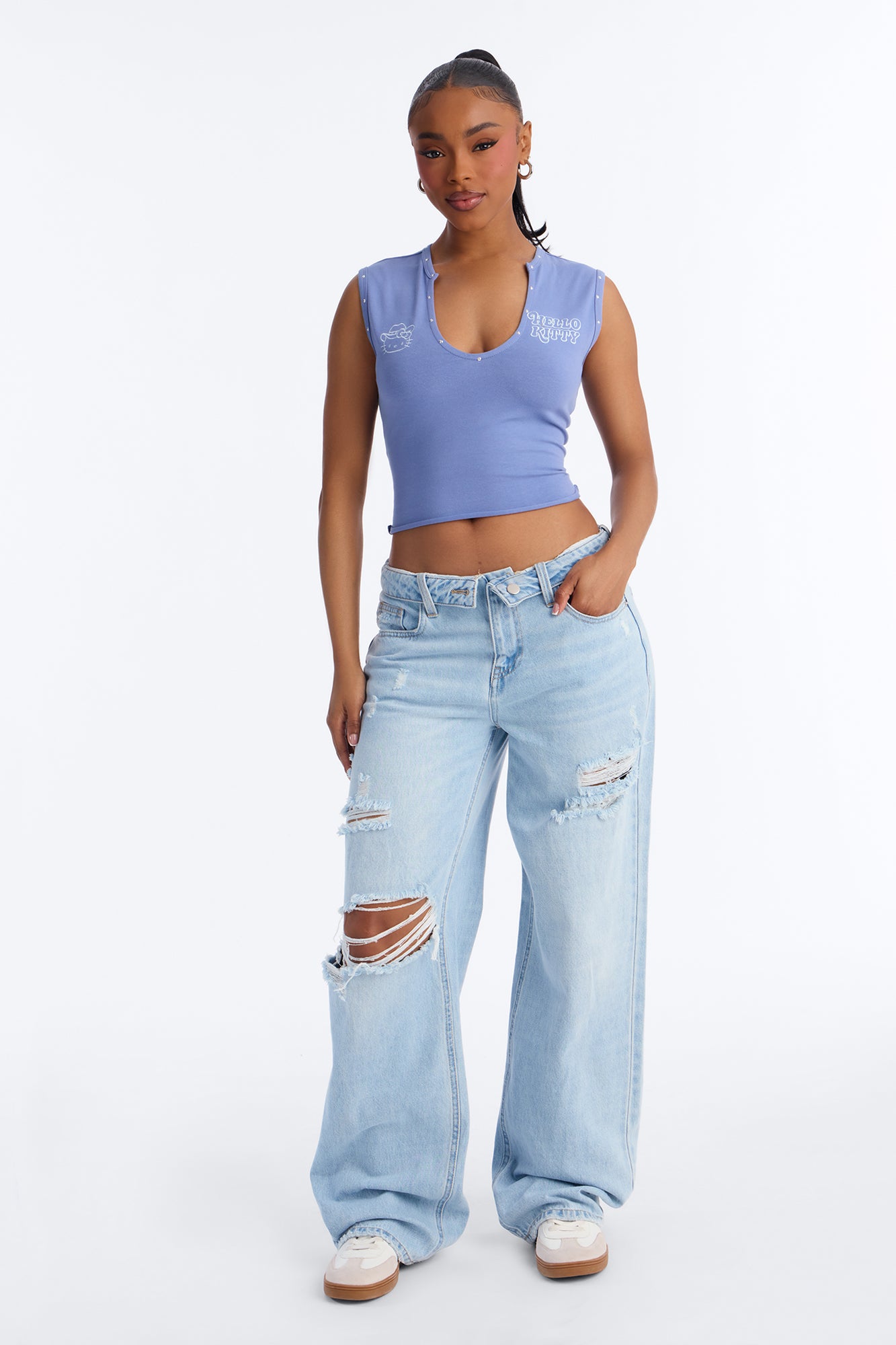 Hello Kitty Western Notch Neck Studded Tank Top - Blue
