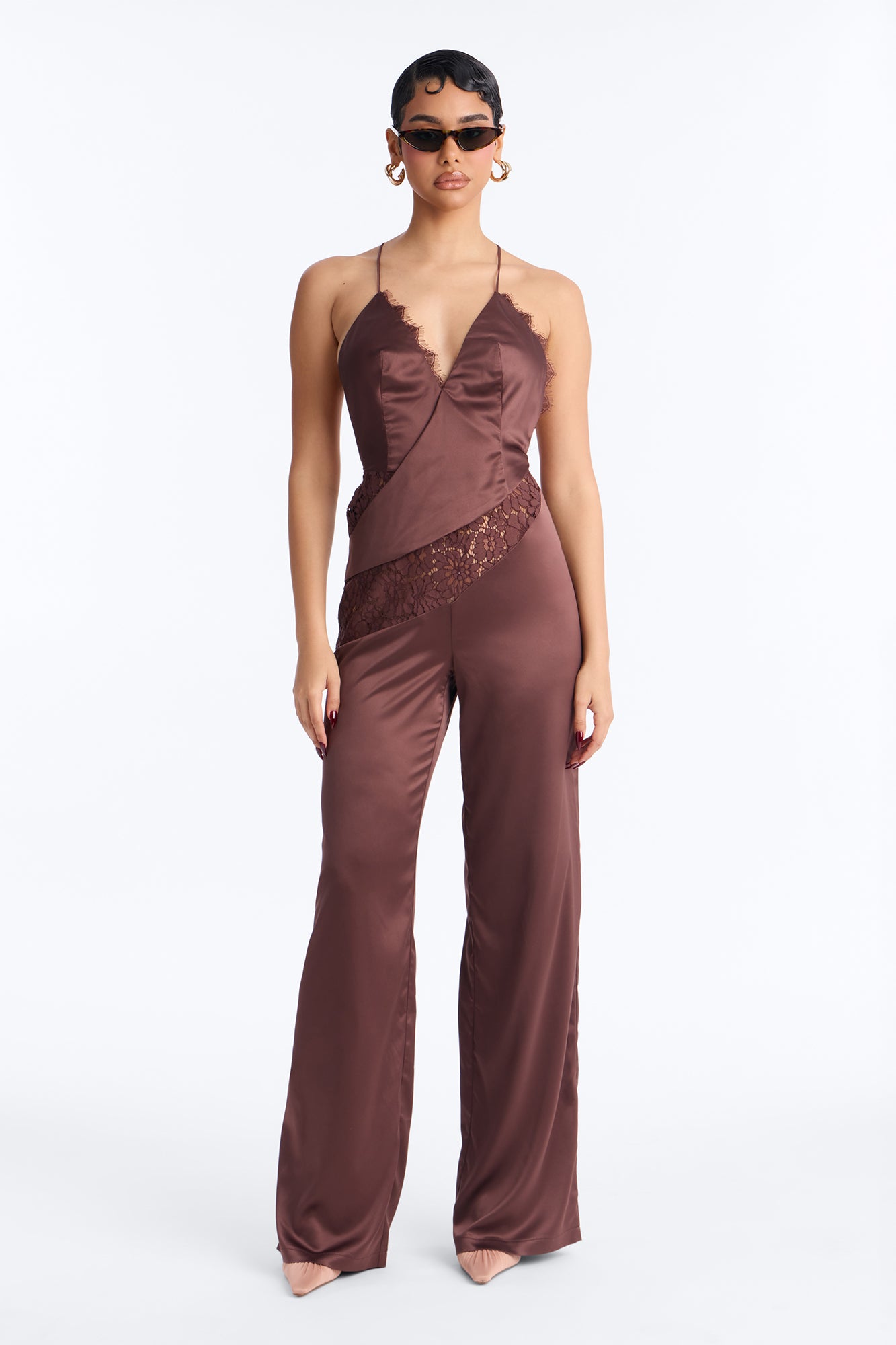 Lace Charm Backless Satin Jumpsuit - Chocolate
