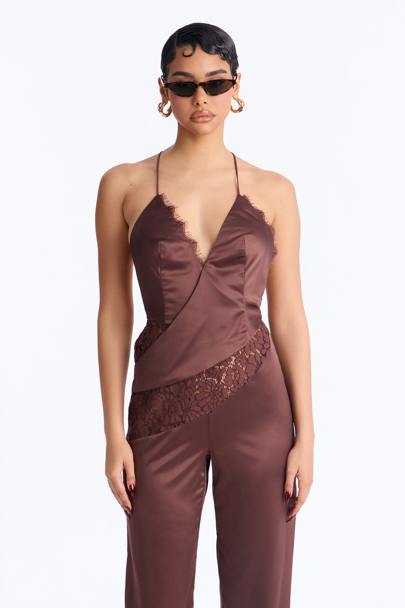 Lace Charm Backless Satin Jumpsuit - Chocolate