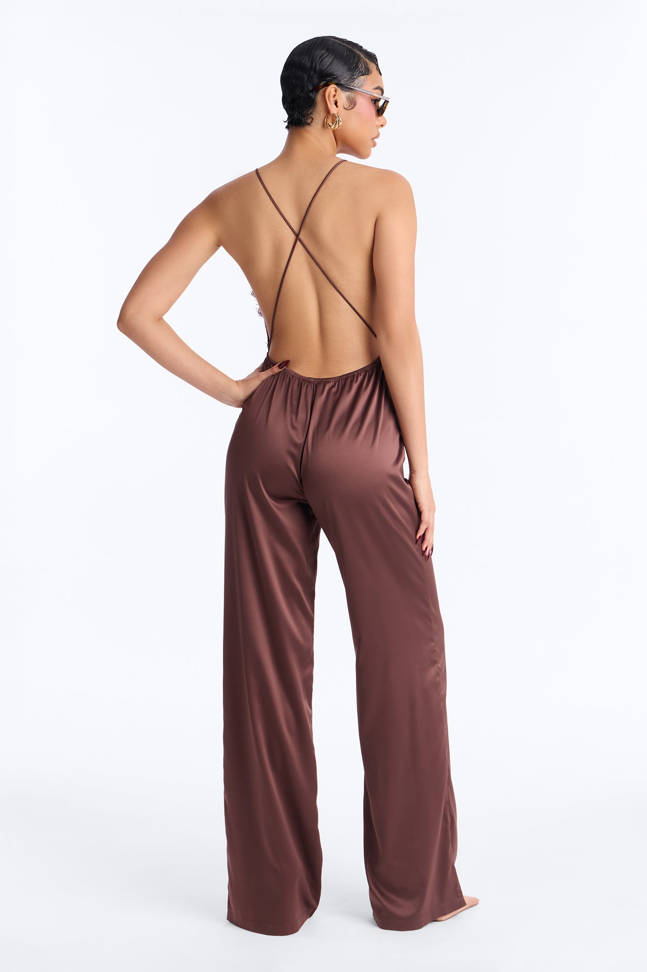 Lace Charm Backless Satin Jumpsuit - Chocolate