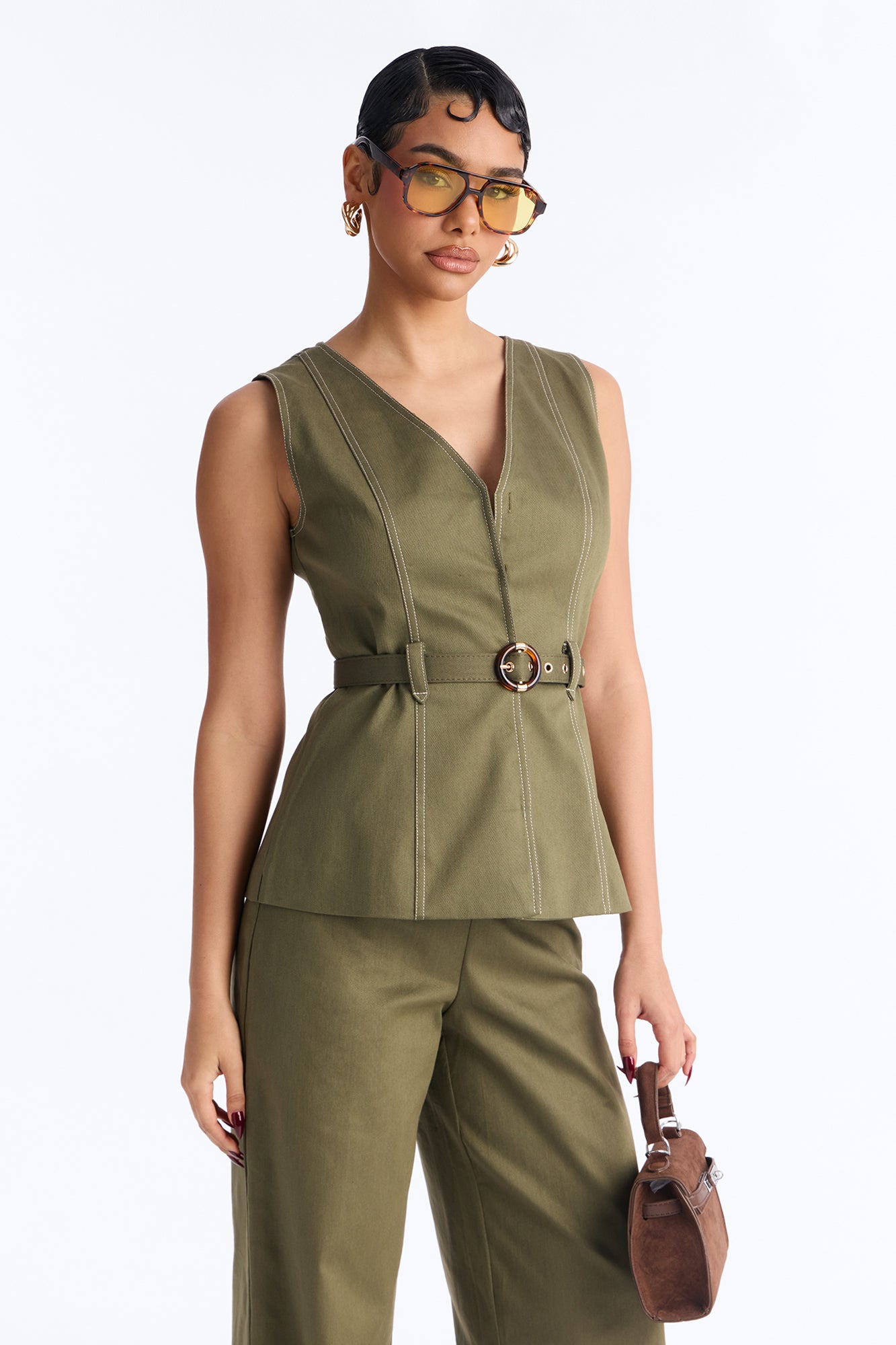Maya Belted Vest Pant Set - Dark Olive