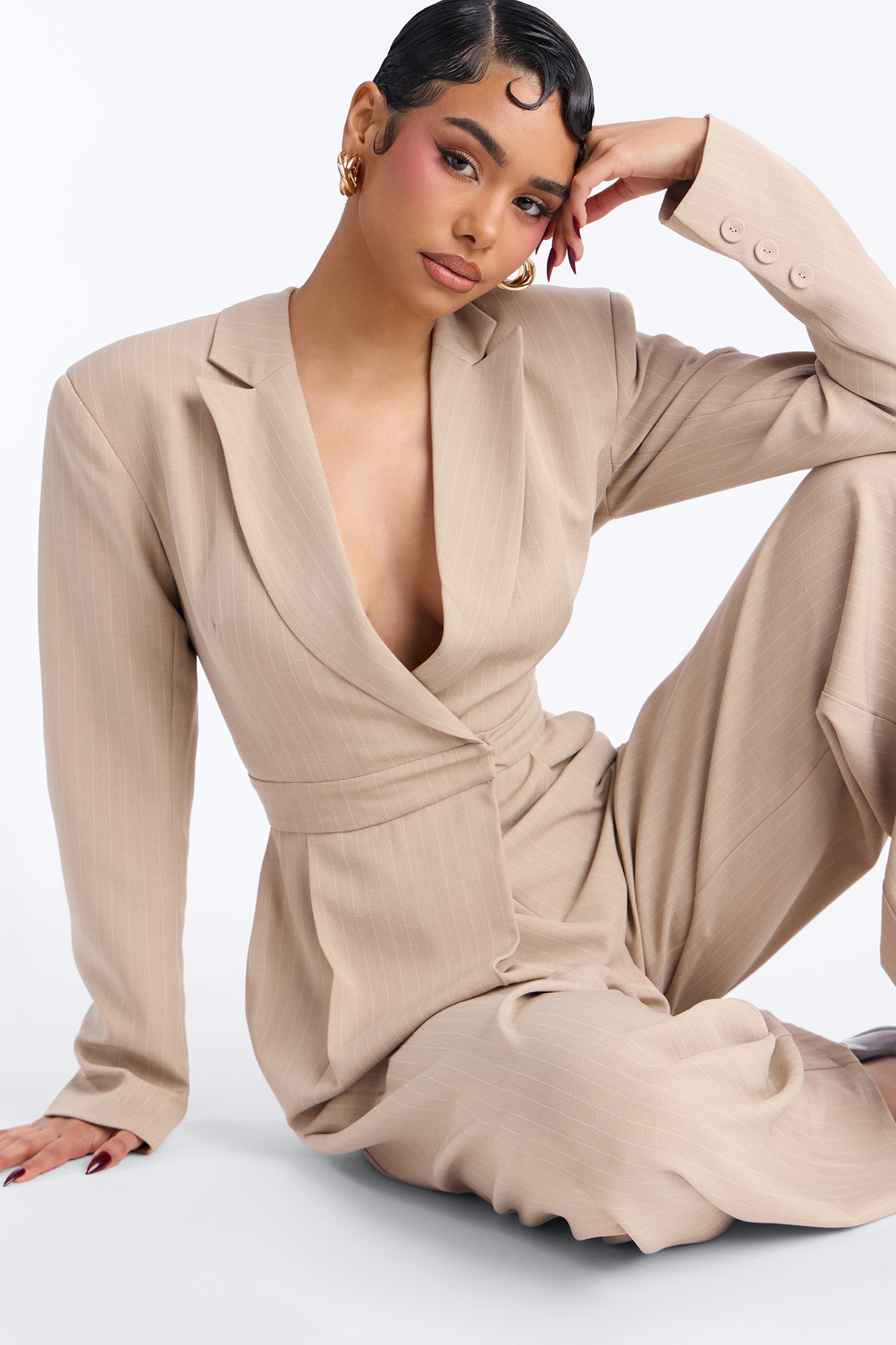 Office Class Pinstripe Wide Leg Jumpsuit - Taupe