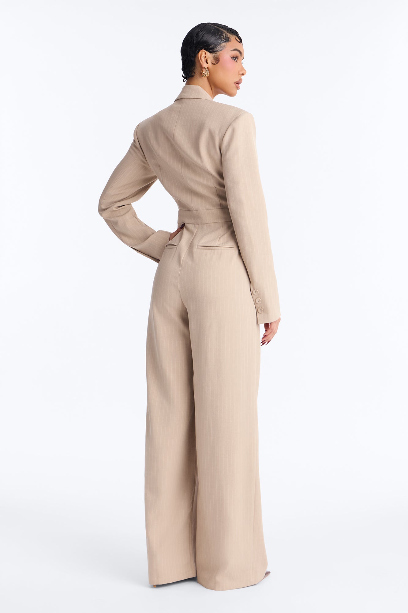 Office Class Pinstripe Wide Leg Jumpsuit - Taupe