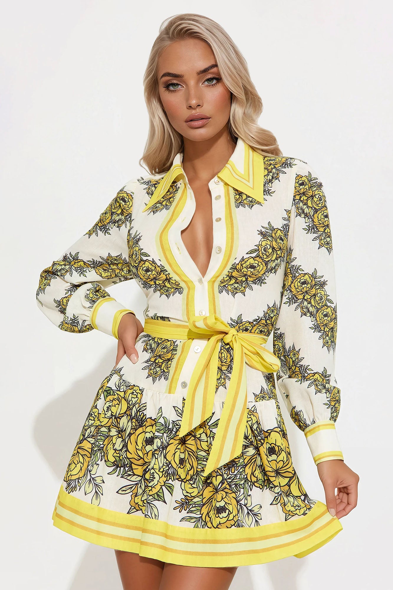 Garden Party Linen Mini Dress - Yellow/combo
