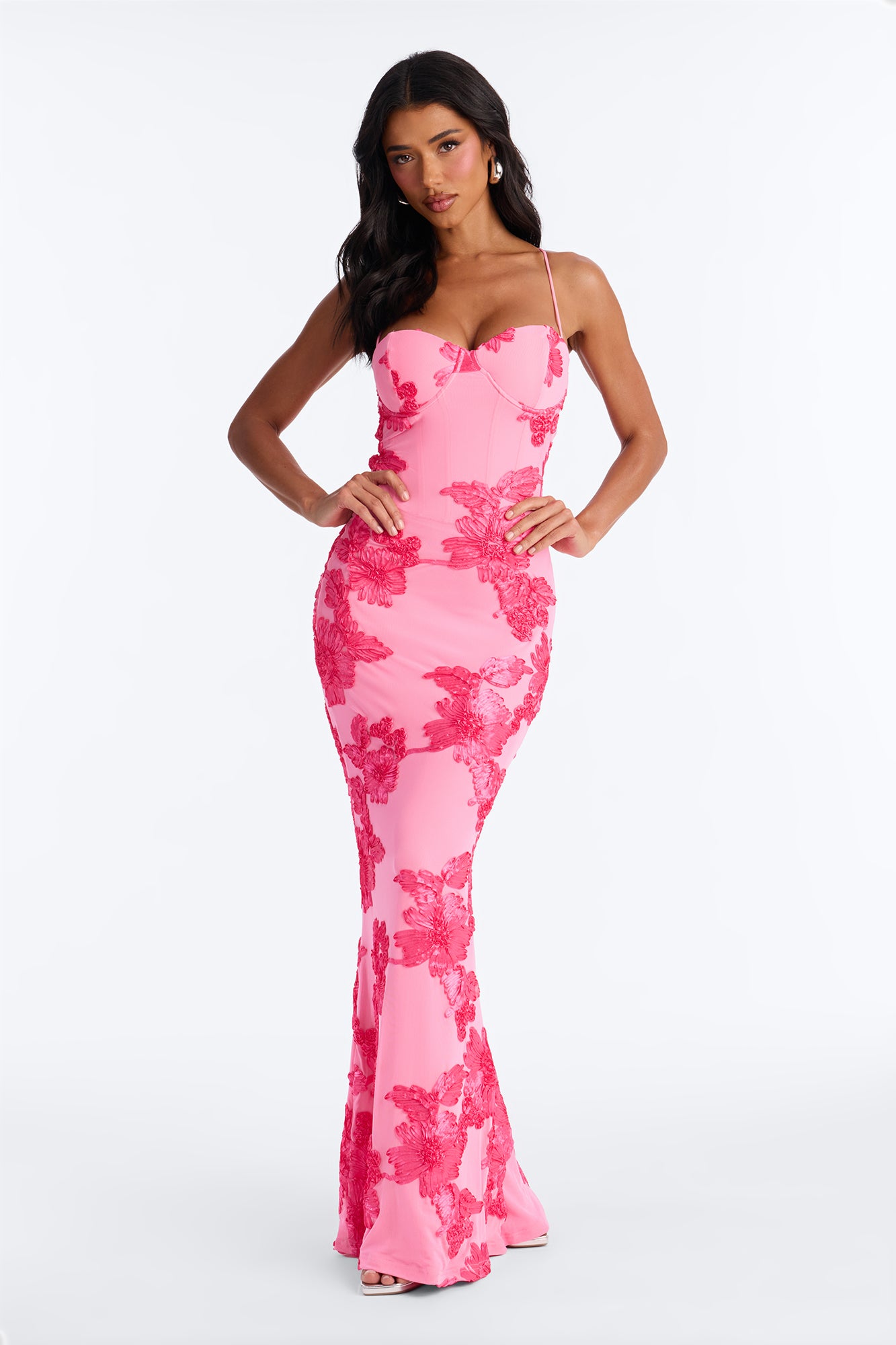 Sweet Petals Embroidered Mesh Gown - Hot Pink