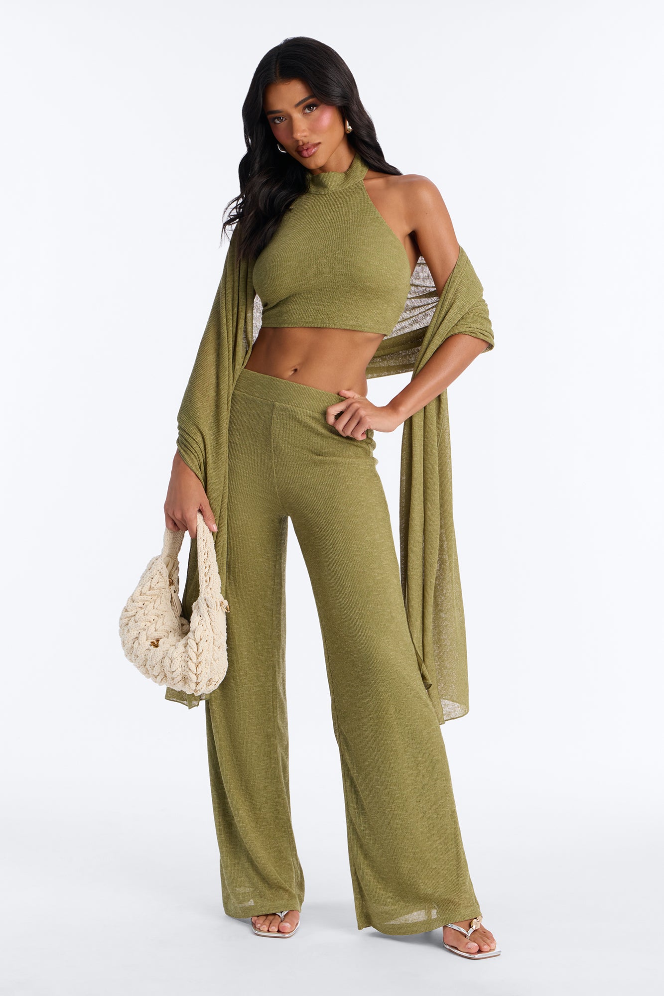 Helena Knit Halter 3 Piece Pant Set - Olive