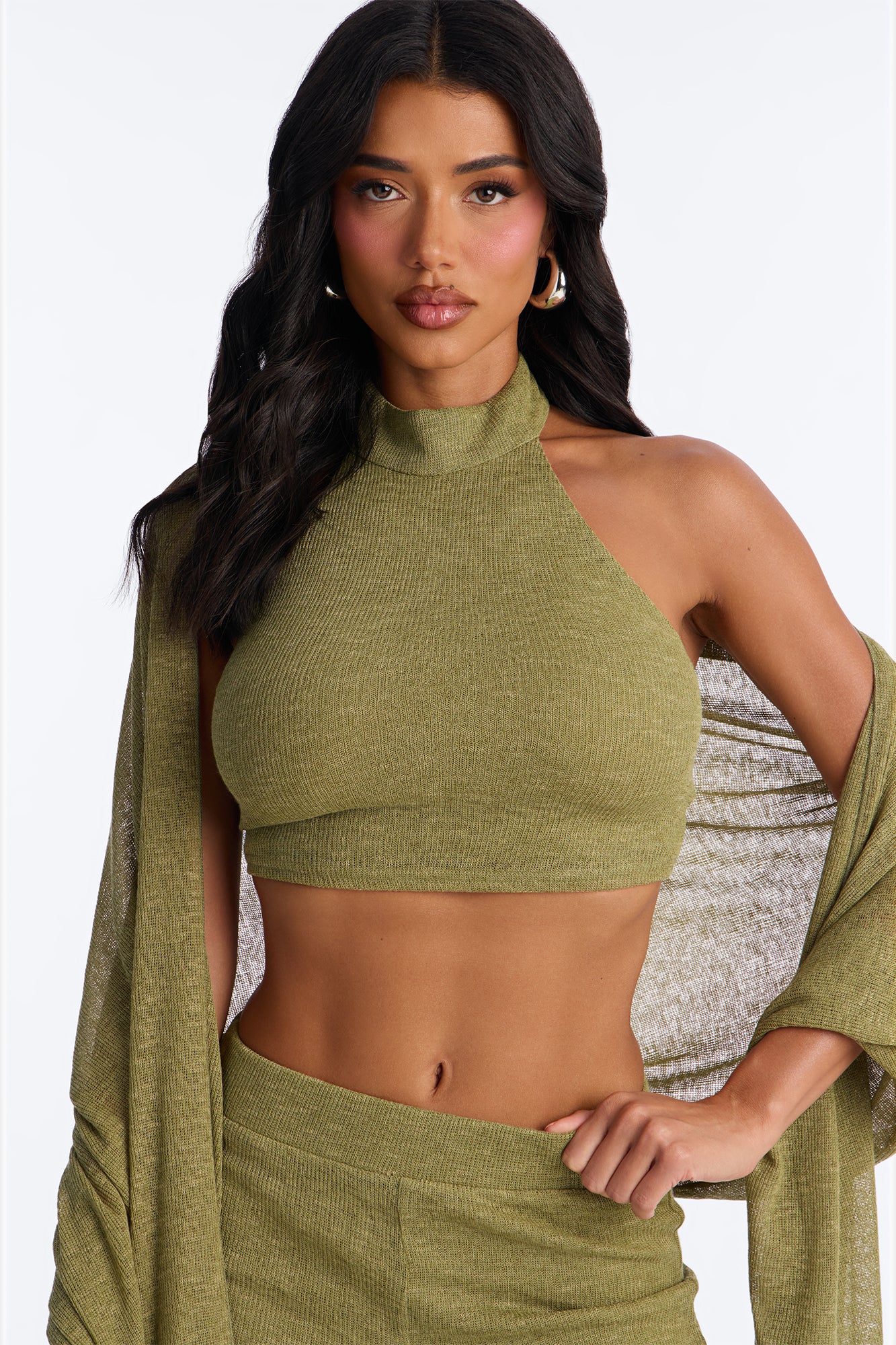 Helena Knit Halter 3 Piece Pant Set - Olive
