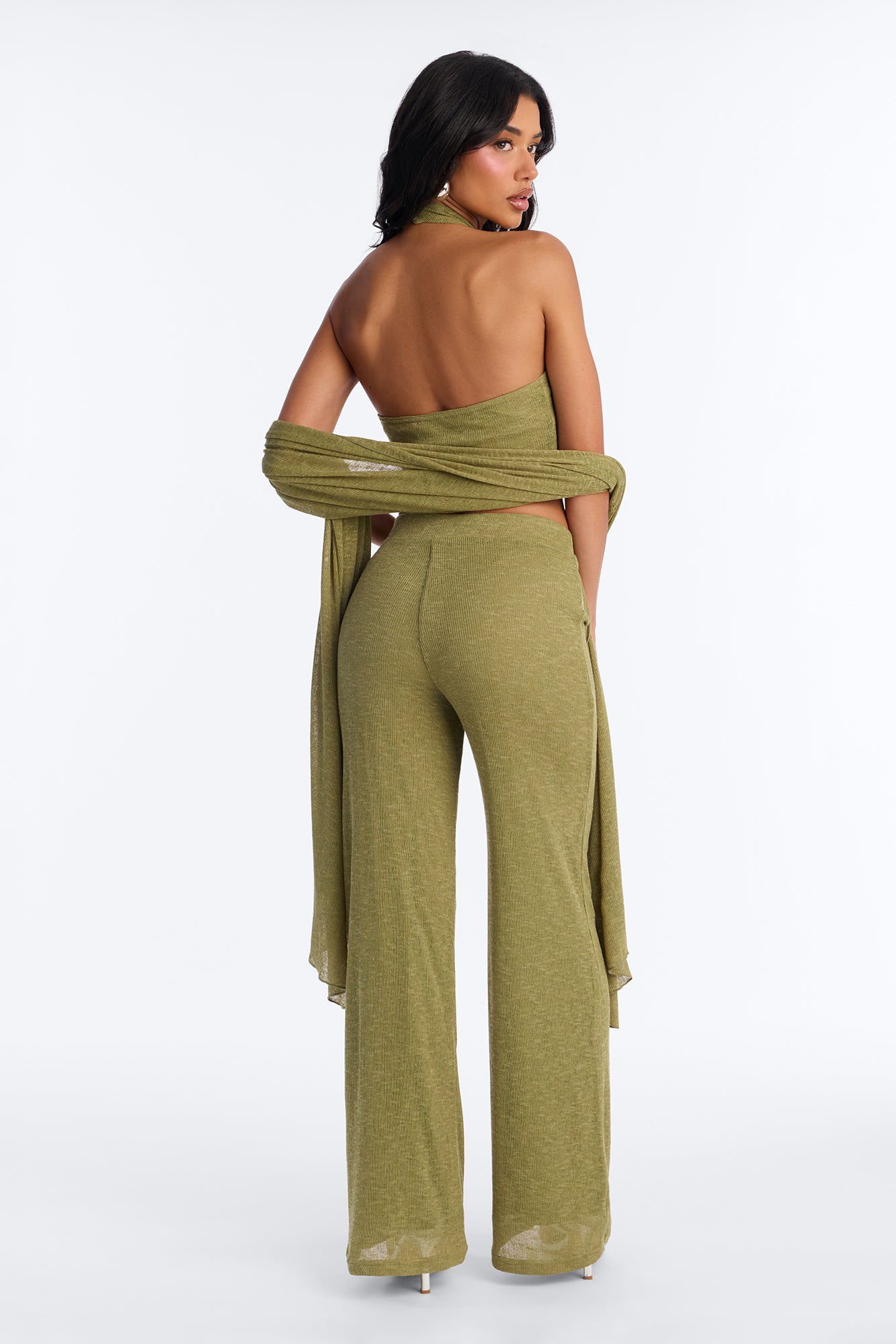 Helena Knit Halter 3 Piece Pant Set - Olive
