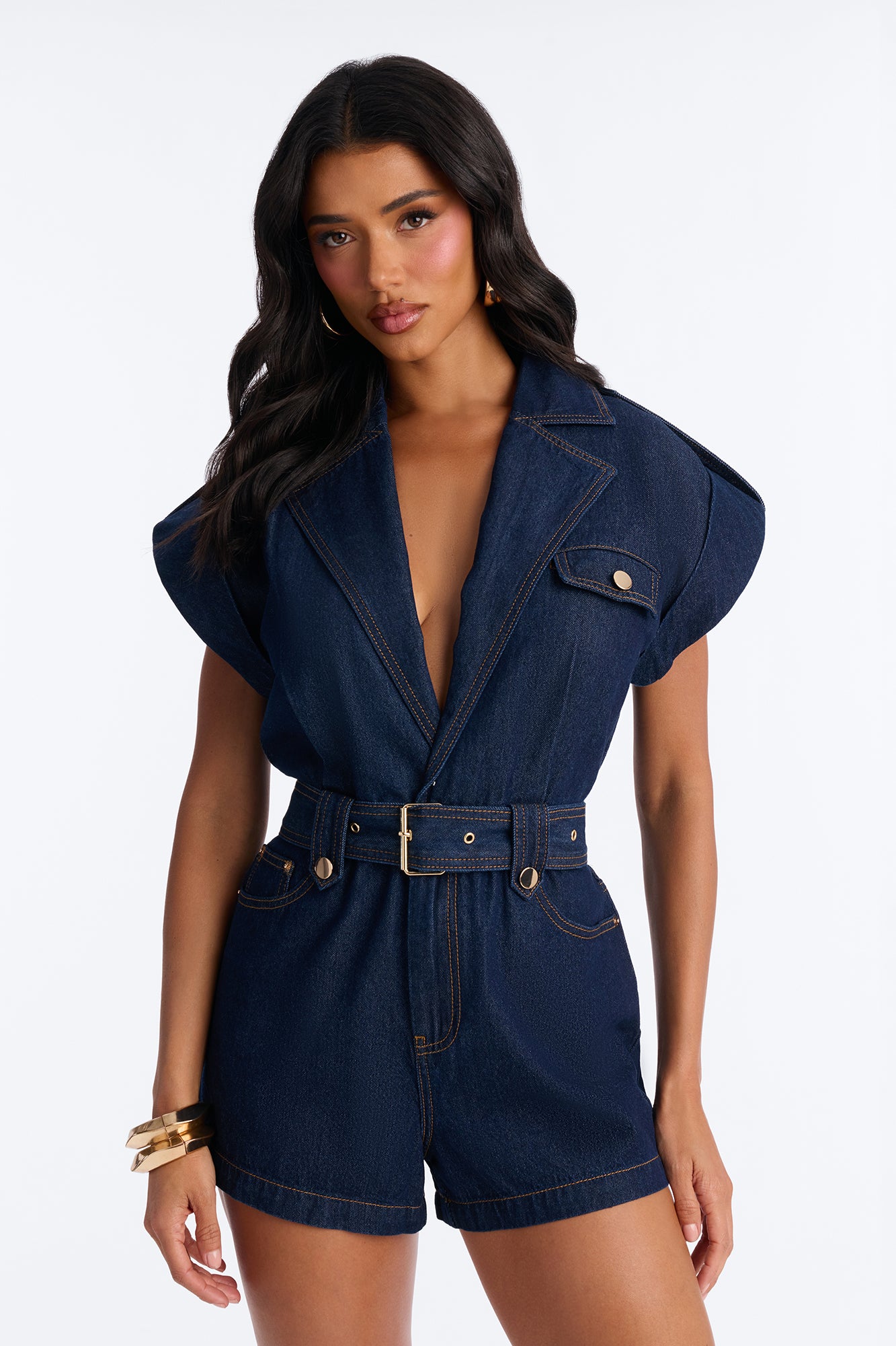 Isla Belted Denim Romper - Dark Wash
