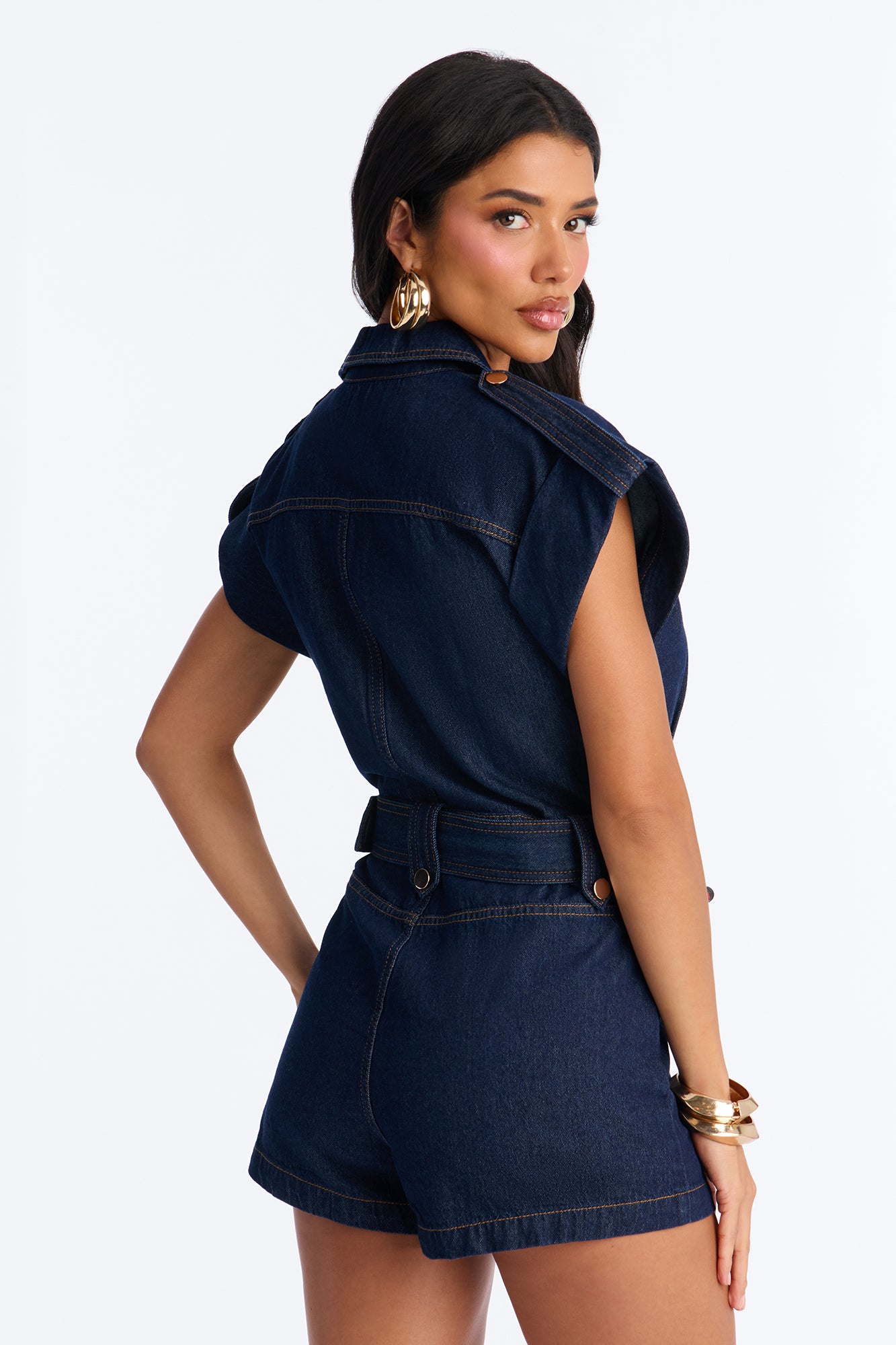 Isla Belted Denim Romper - Dark Wash