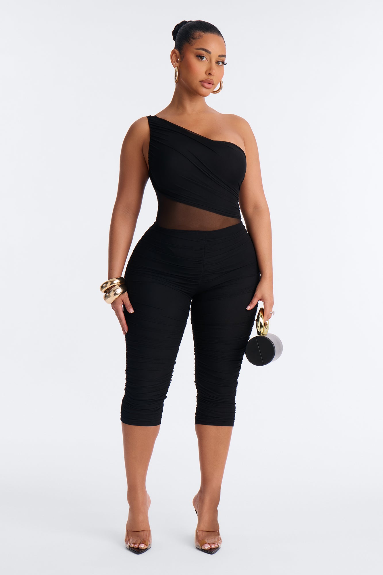 Aria Mesh Cut Out Capri Catsuit - Black