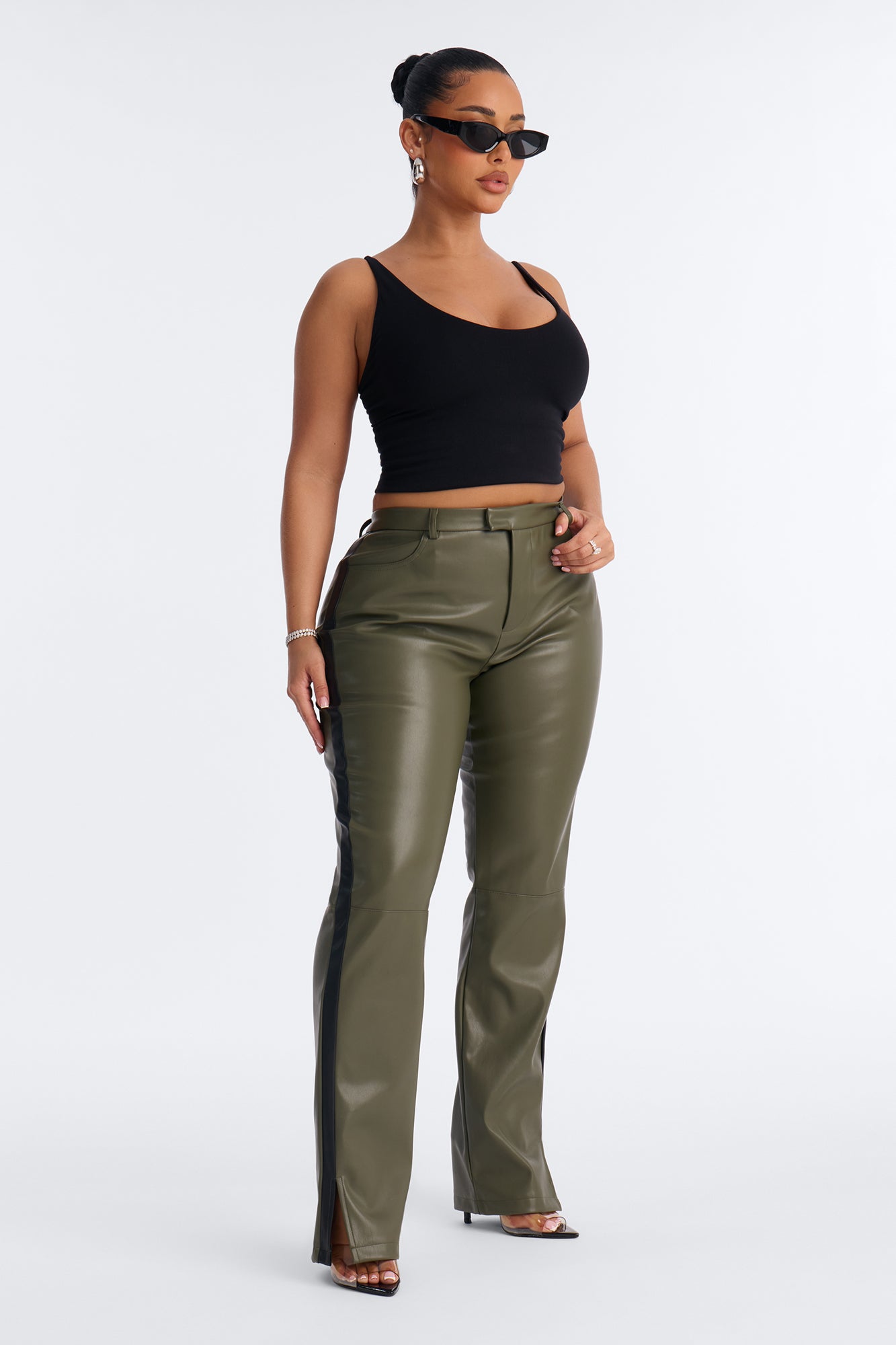 Cause A Scene Faux Leather Track Pant - Olive/combo
