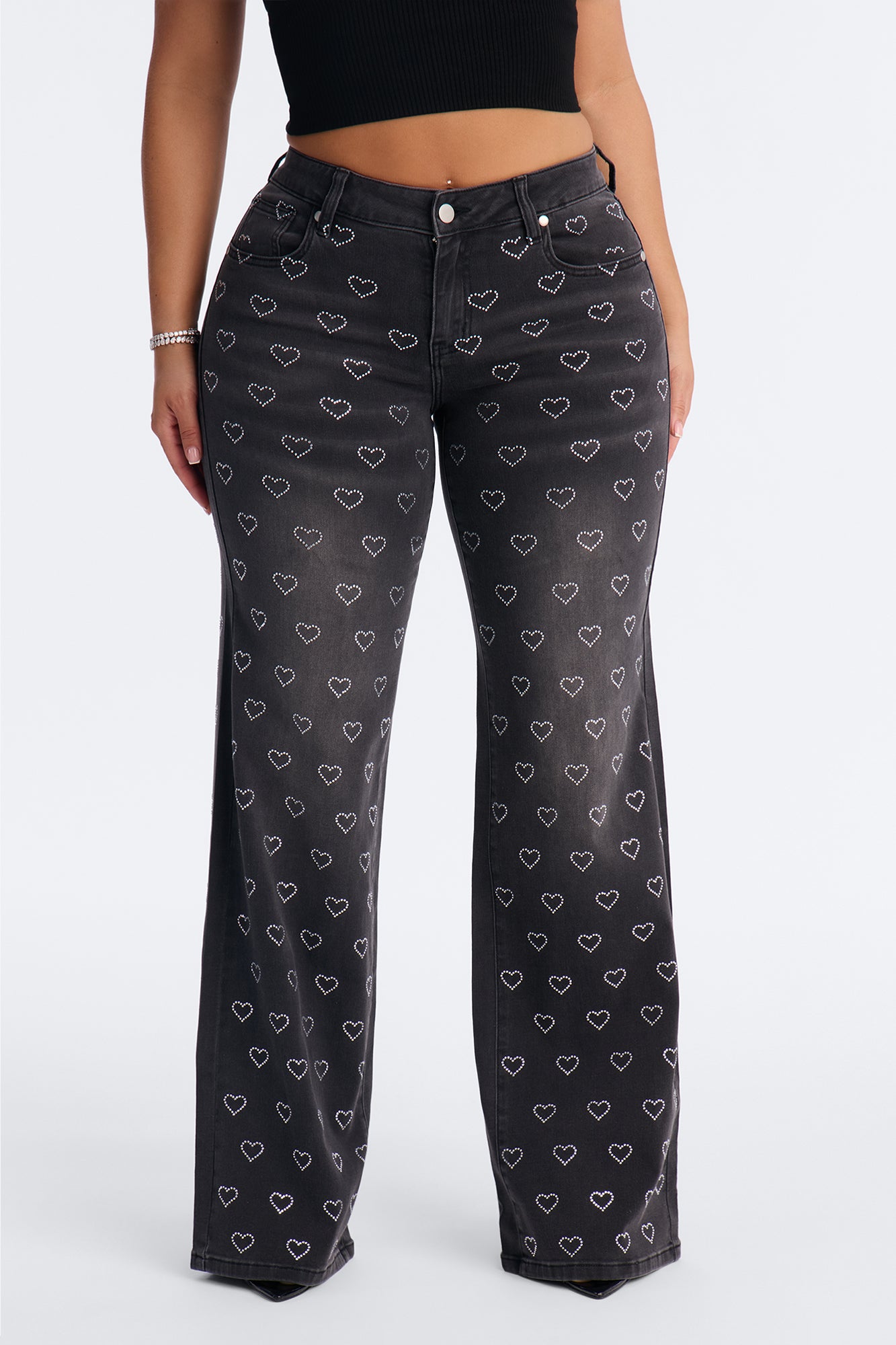 Played My Heart Embellished Wide Leg Jeans - Black Wash