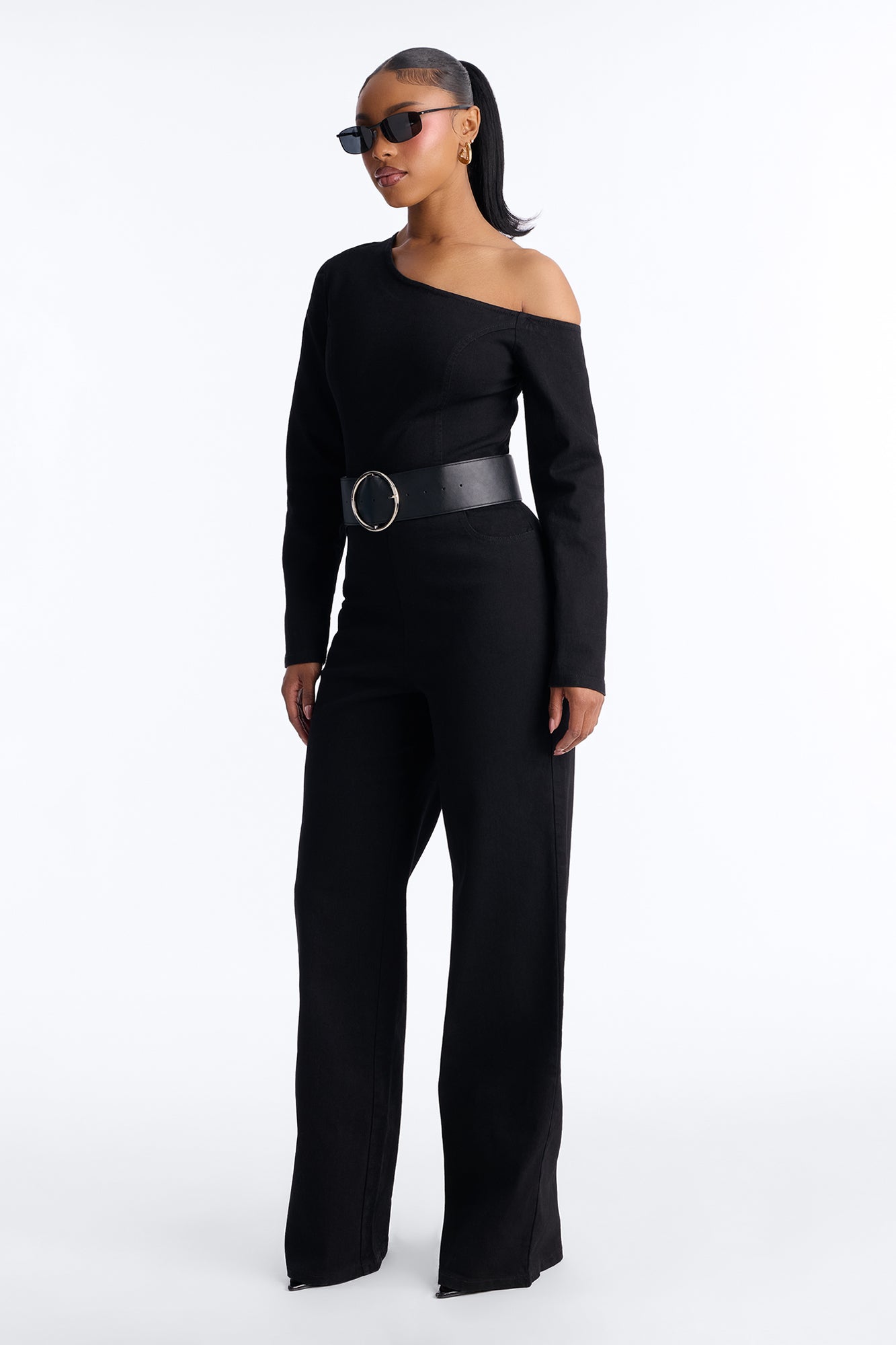 Angelina Belted Denim Wide Leg Jumpsuit - Black