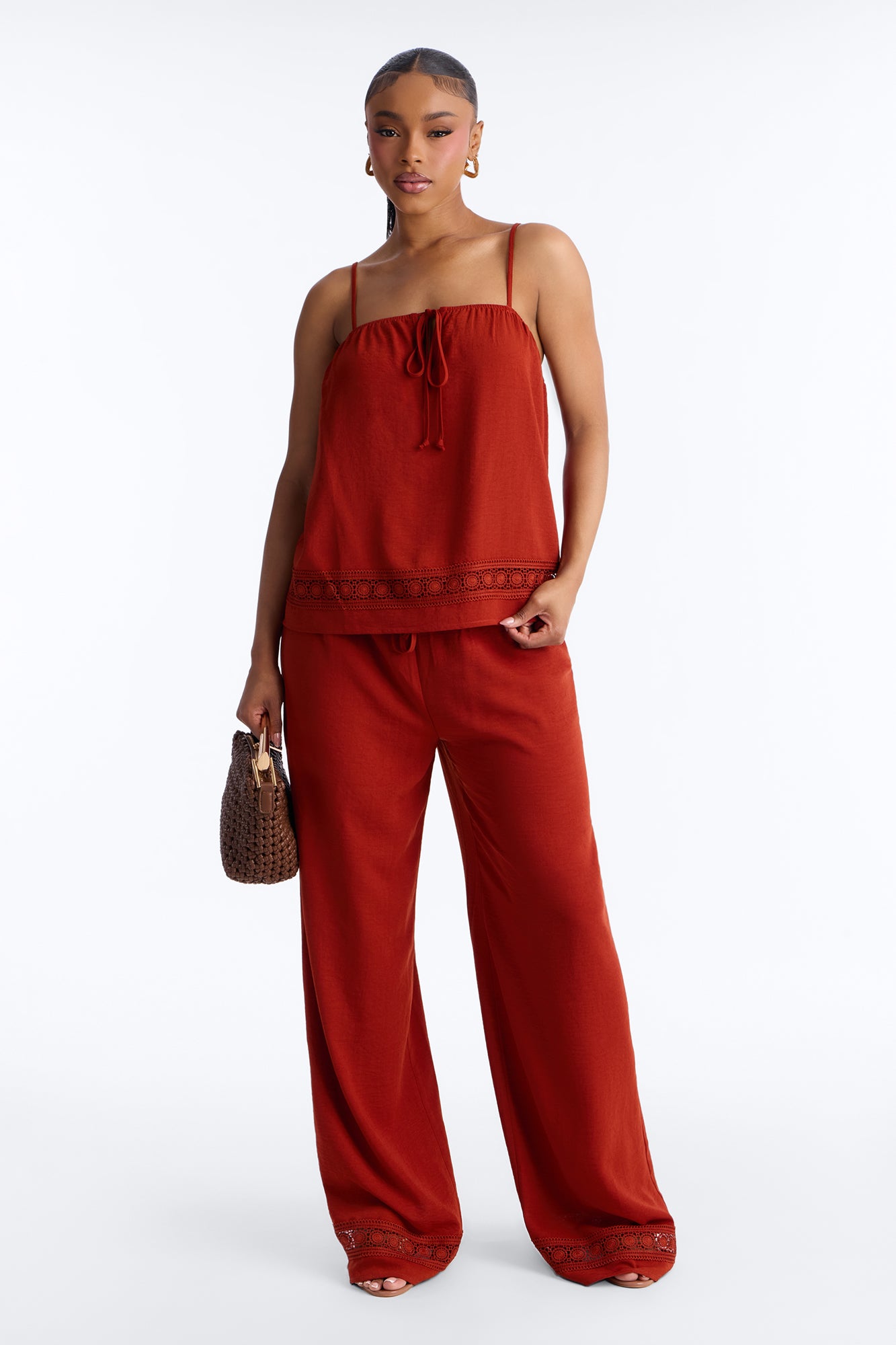 Thalia Linen Lace Trim Pant Set - Rust