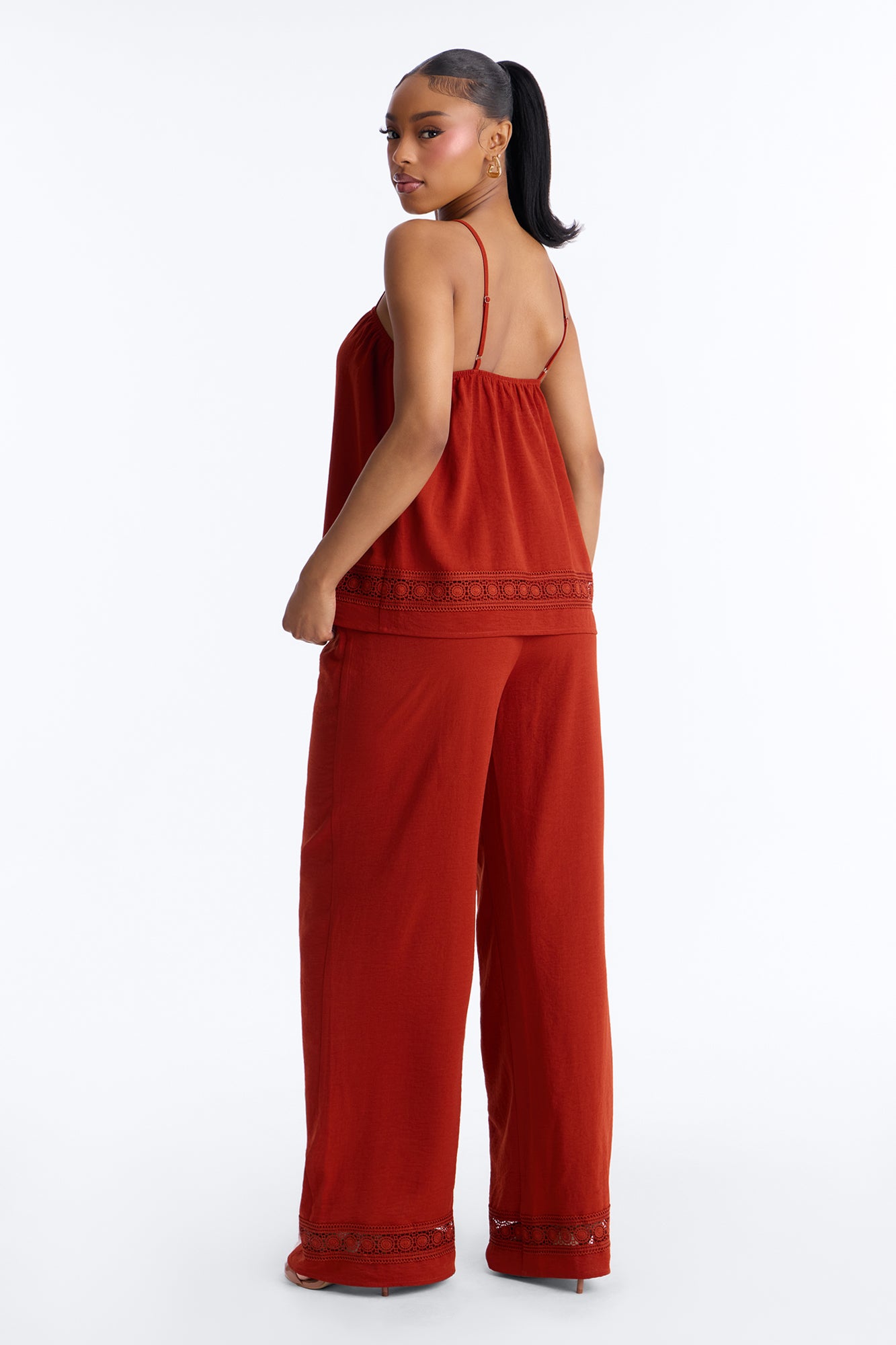 Thalia Linen Lace Trim Pant Set - Rust