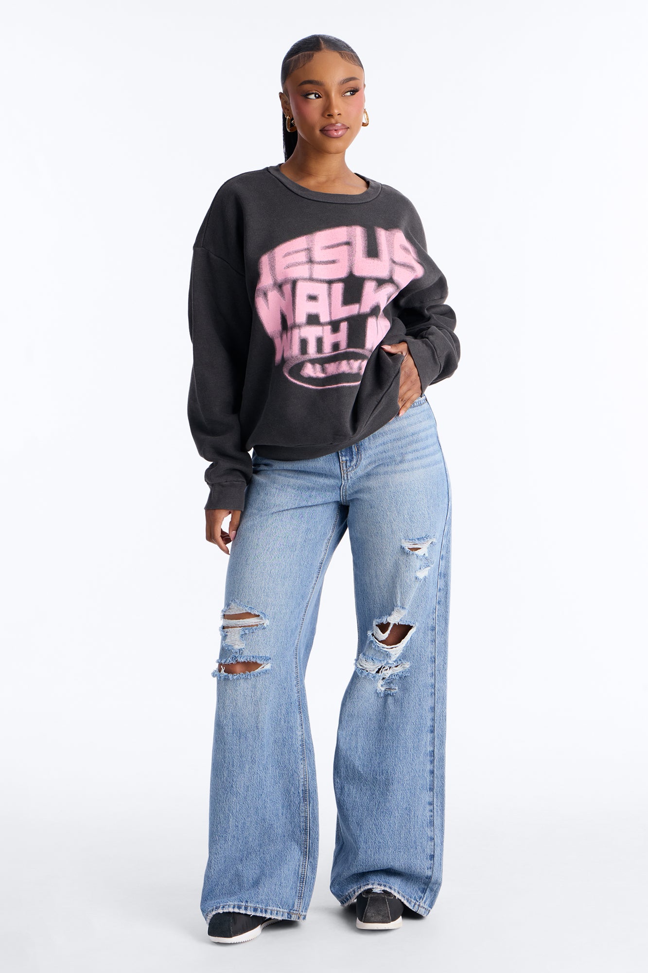 Jesus Walks Washed Crew Sweatshirt - Black Wash