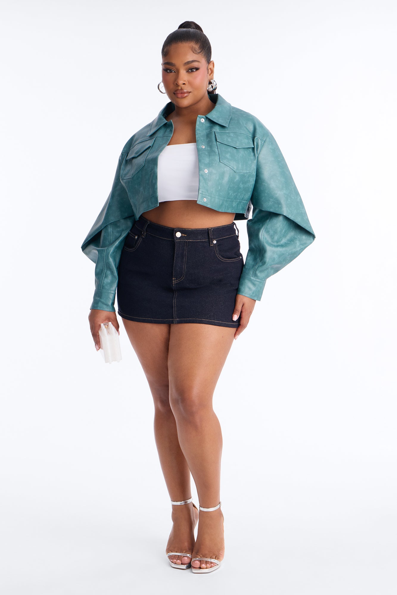 Stevie Cropped Washed Faux Leather Trucker Jacket - Teal