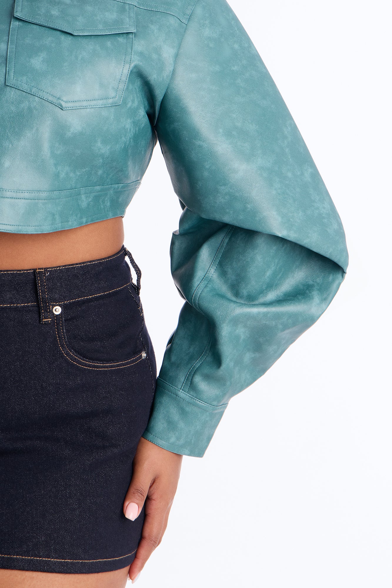Stevie Cropped Washed Faux Leather Trucker Jacket - Teal