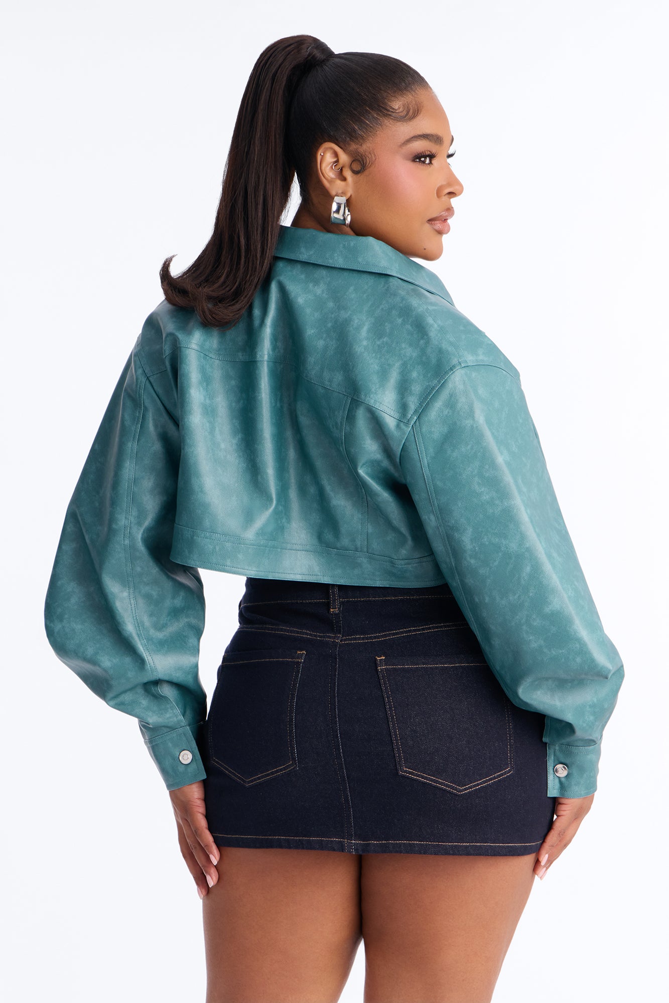 Stevie Cropped Washed Faux Leather Trucker Jacket - Teal