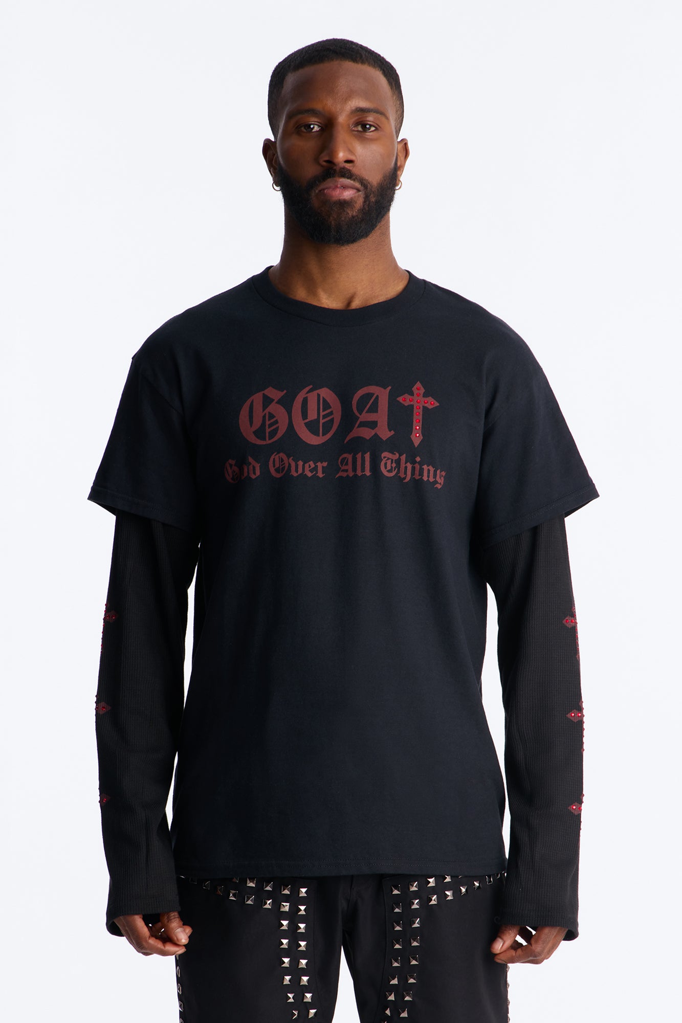 God Over All Things Rhinestone 2fer Long Sleeve Tee - Black